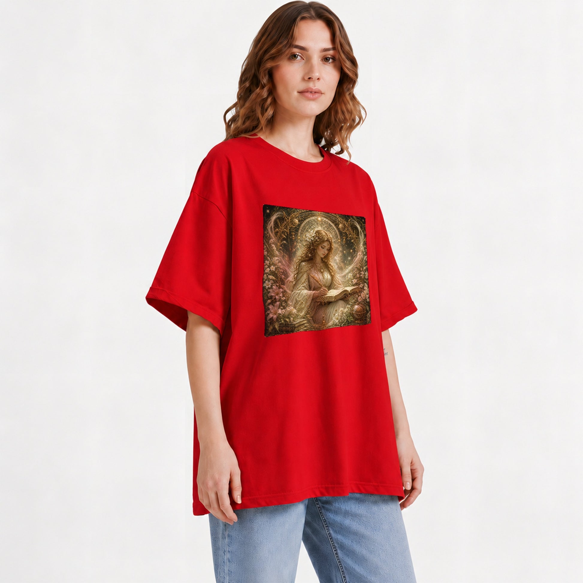 #pl[Red] Virgo Maiden Graphic T-Shirt, Celestial Zodiac Floral Writing Art
