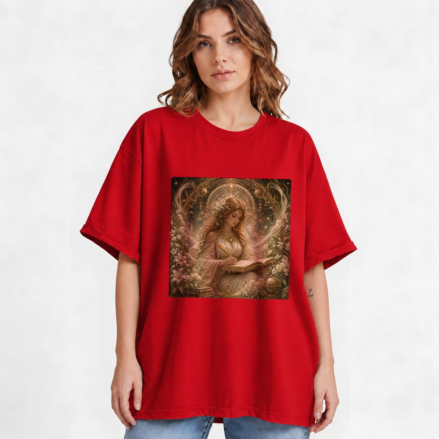 #pl[Red] Virgo Maiden Graphic T-Shirt, Celestial Zodiac Floral Writing Art