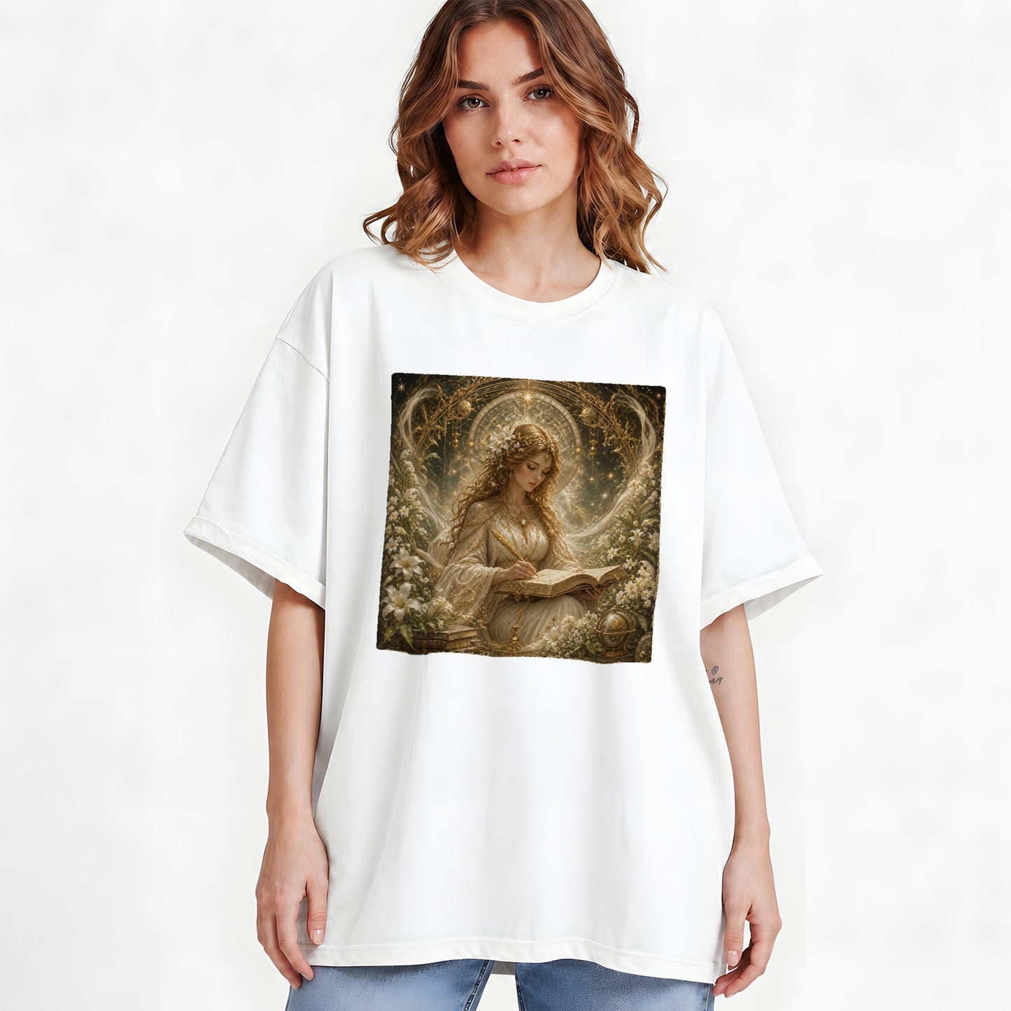 #pl[White] Virgo Maiden Graphic T-Shirt, Celestial Zodiac Floral Writing Art