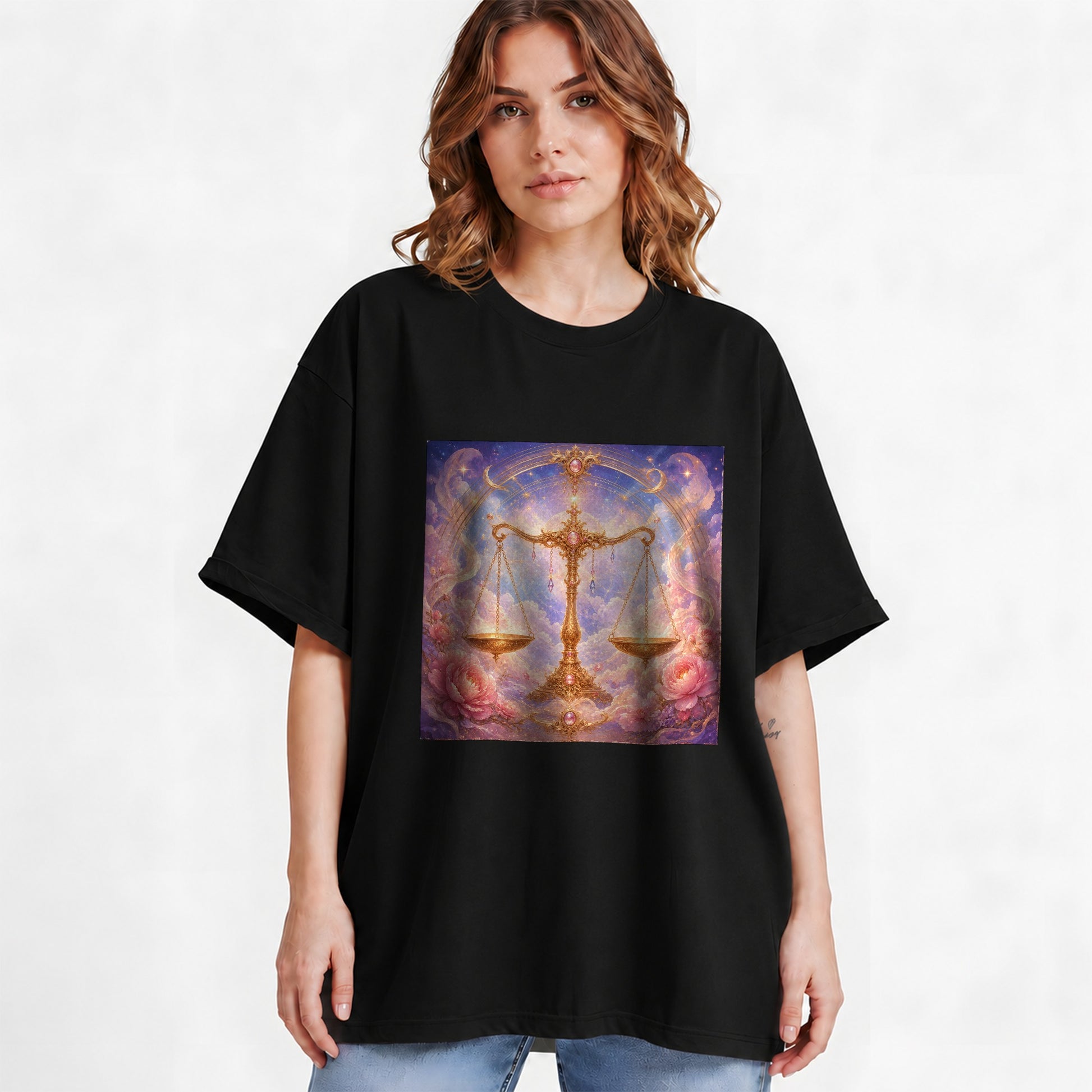 #pl[Black] Libra Zodiac Graphic T-Shirt, Celestial Floral Balance Scales Design