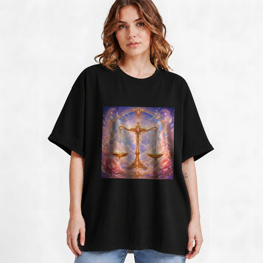 #pl[Black] Libra Zodiac Graphic T-Shirt, Celestial Floral Balance Scales Design