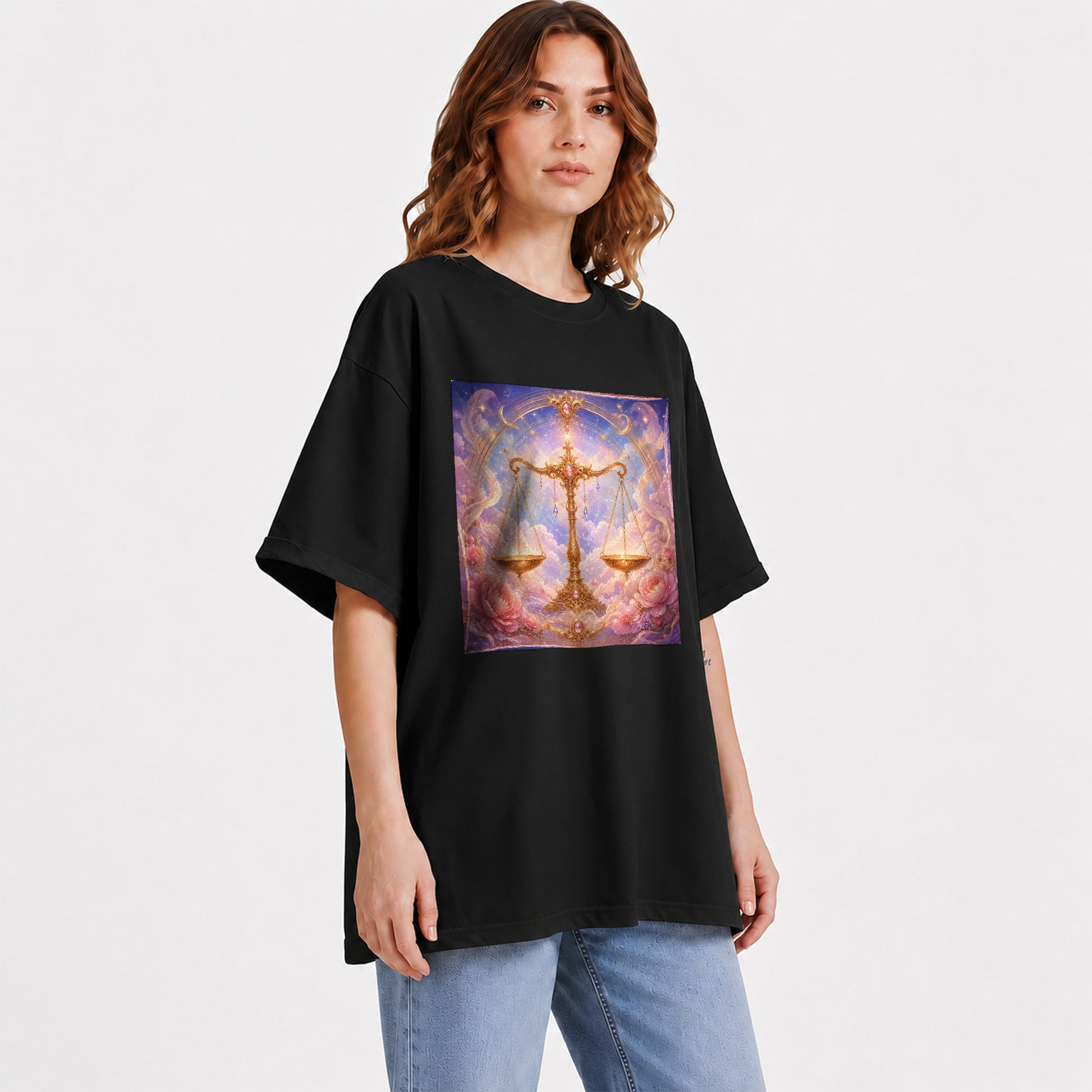 #pl[Black] Libra Zodiac Graphic T-Shirt, Celestial Floral Balance Scales Design