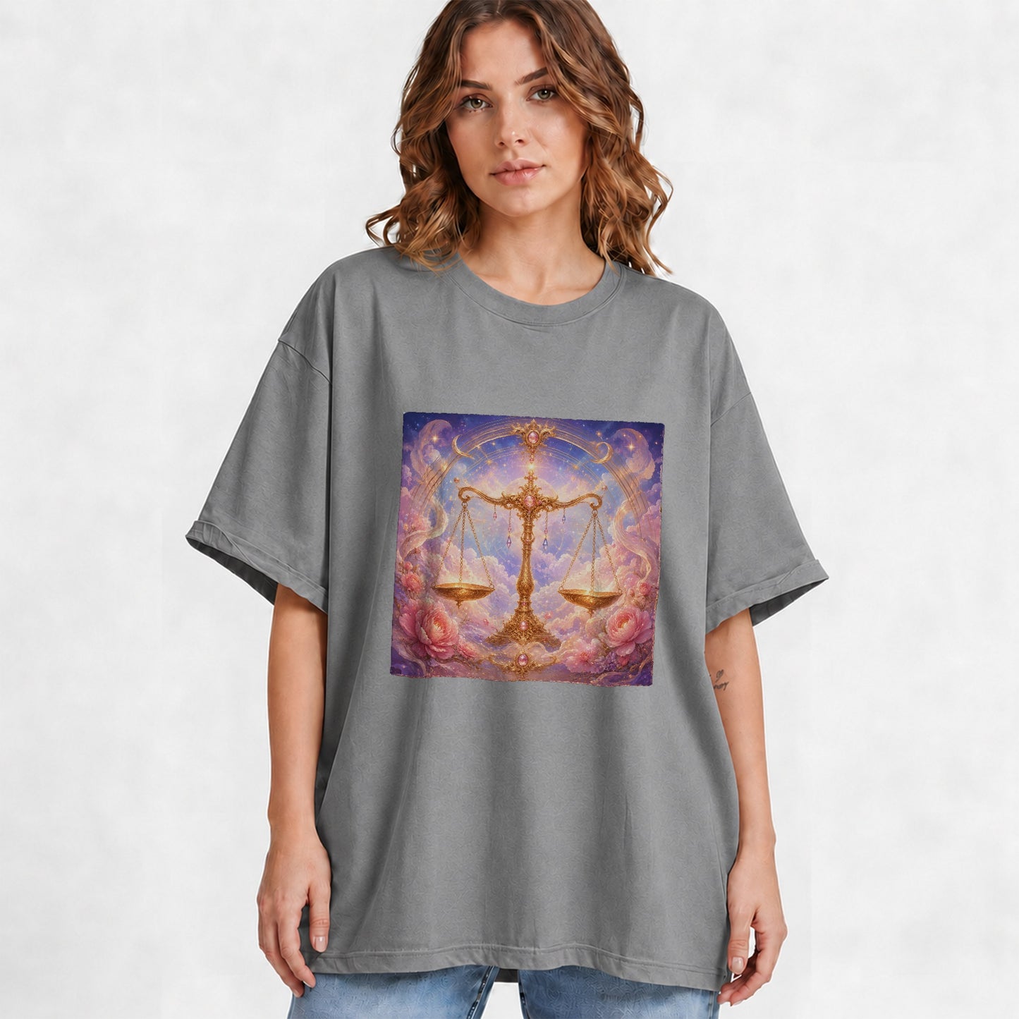 #pl[Gray] Libra Zodiac Graphic T-Shirt, Celestial Floral Balance Scales Design