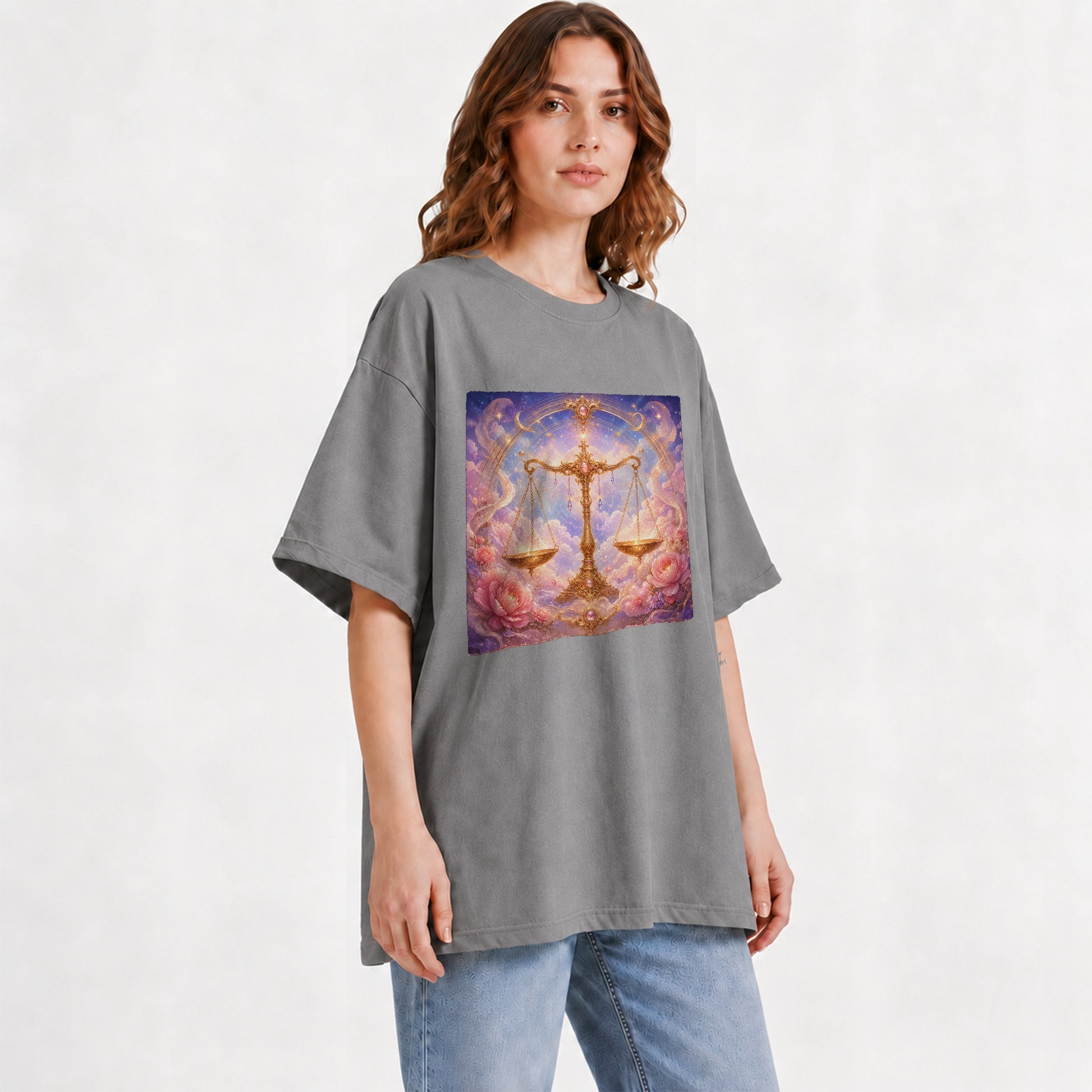#pl[Gray] Libra Zodiac Graphic T-Shirt, Celestial Floral Balance Scales Design
