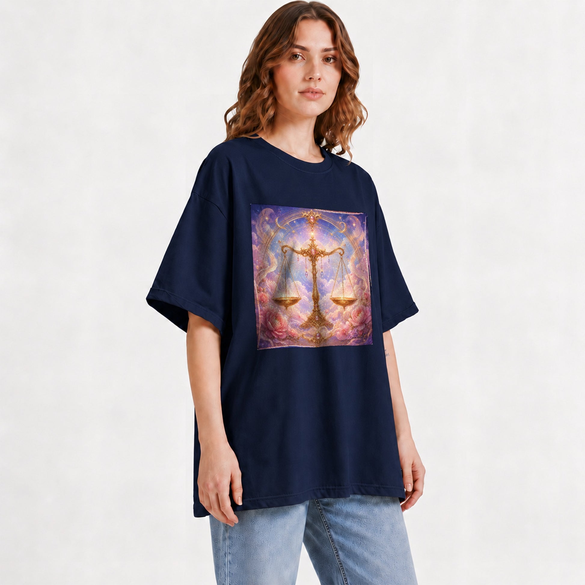 #pl[Navy] Libra Zodiac Graphic T-Shirt, Celestial Floral Balance Scales Design