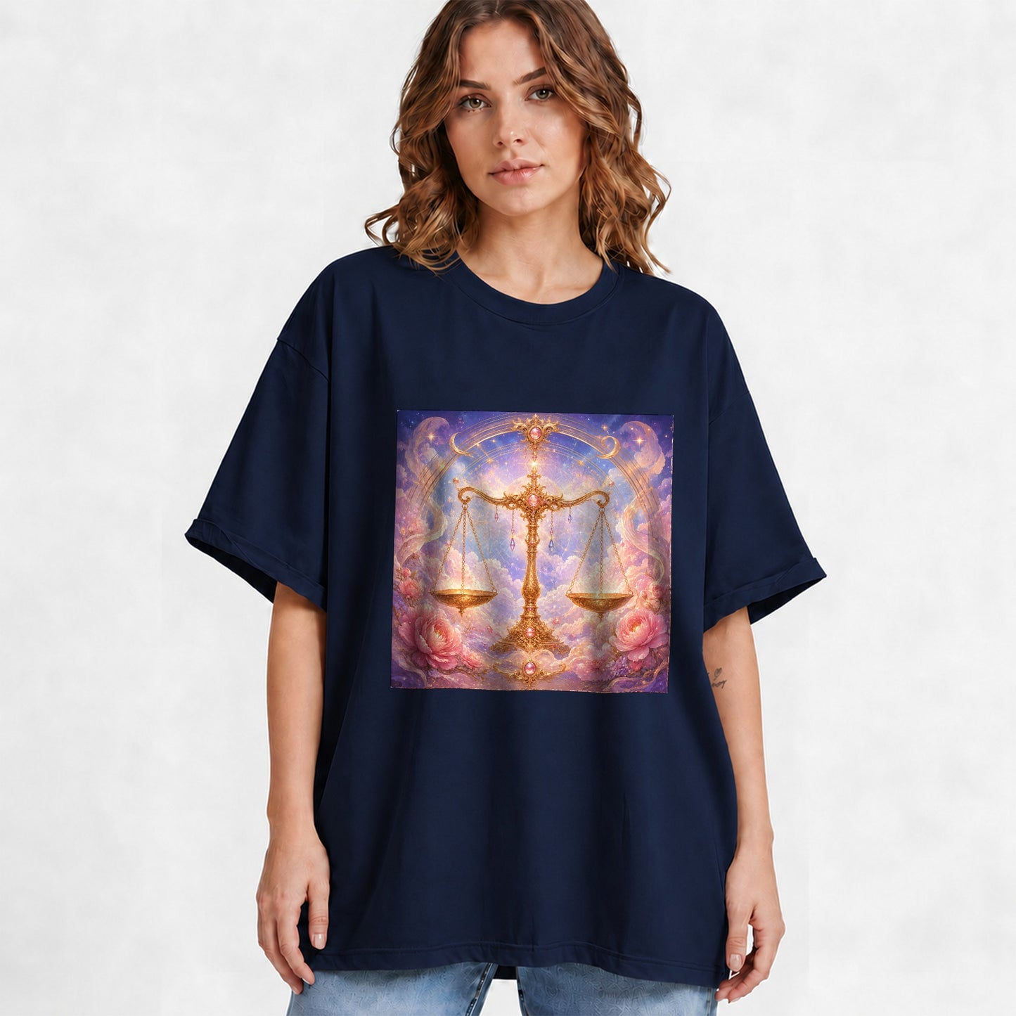 #pl[Navy] Libra Zodiac Graphic T-Shirt, Celestial Floral Balance Scales Design