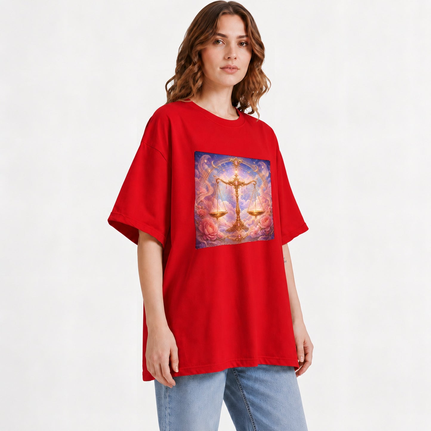 #pl[Red] Libra Zodiac Graphic T-Shirt, Celestial Floral Balance Scales Design