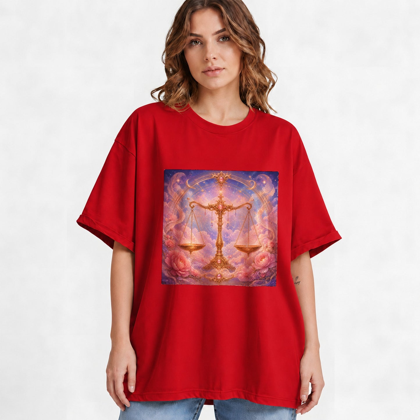 #pl[Red] Libra Zodiac Graphic T-Shirt, Celestial Floral Balance Scales Design