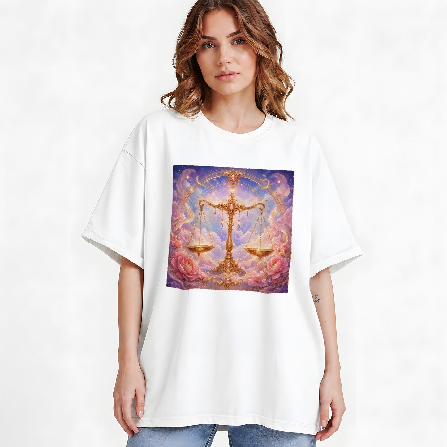 #pl[White] Libra Zodiac Graphic T-Shirt, Celestial Floral Balance Scales Design