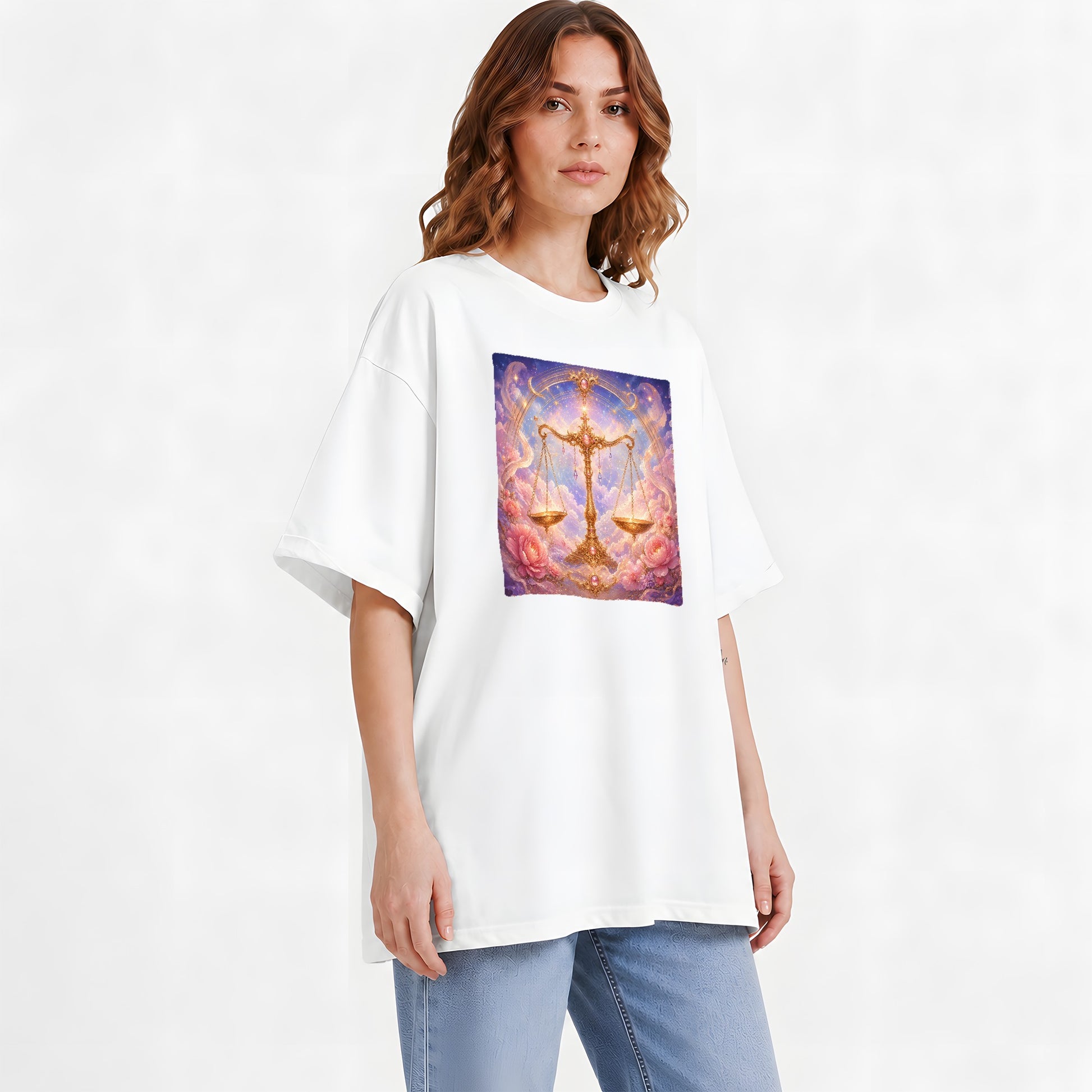 #pl[White] Libra Zodiac Graphic T-Shirt, Celestial Floral Balance Scales Design