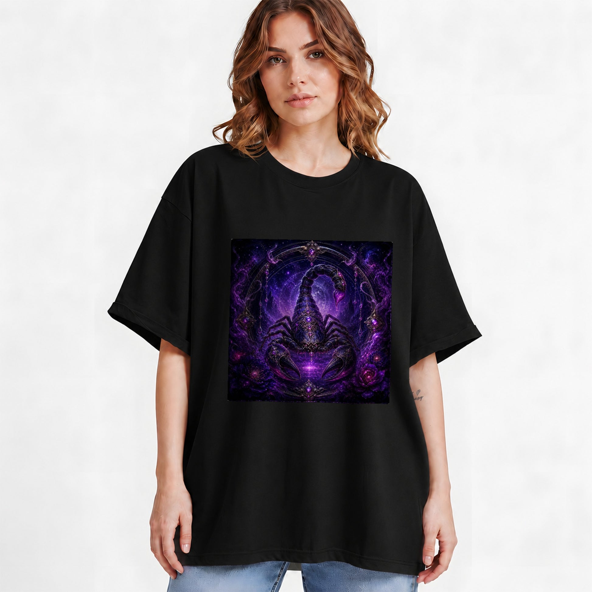 #pl[Black] Scorpio Zodiac Graphic T-Shirt, Purple Celestial Scorpion Design
