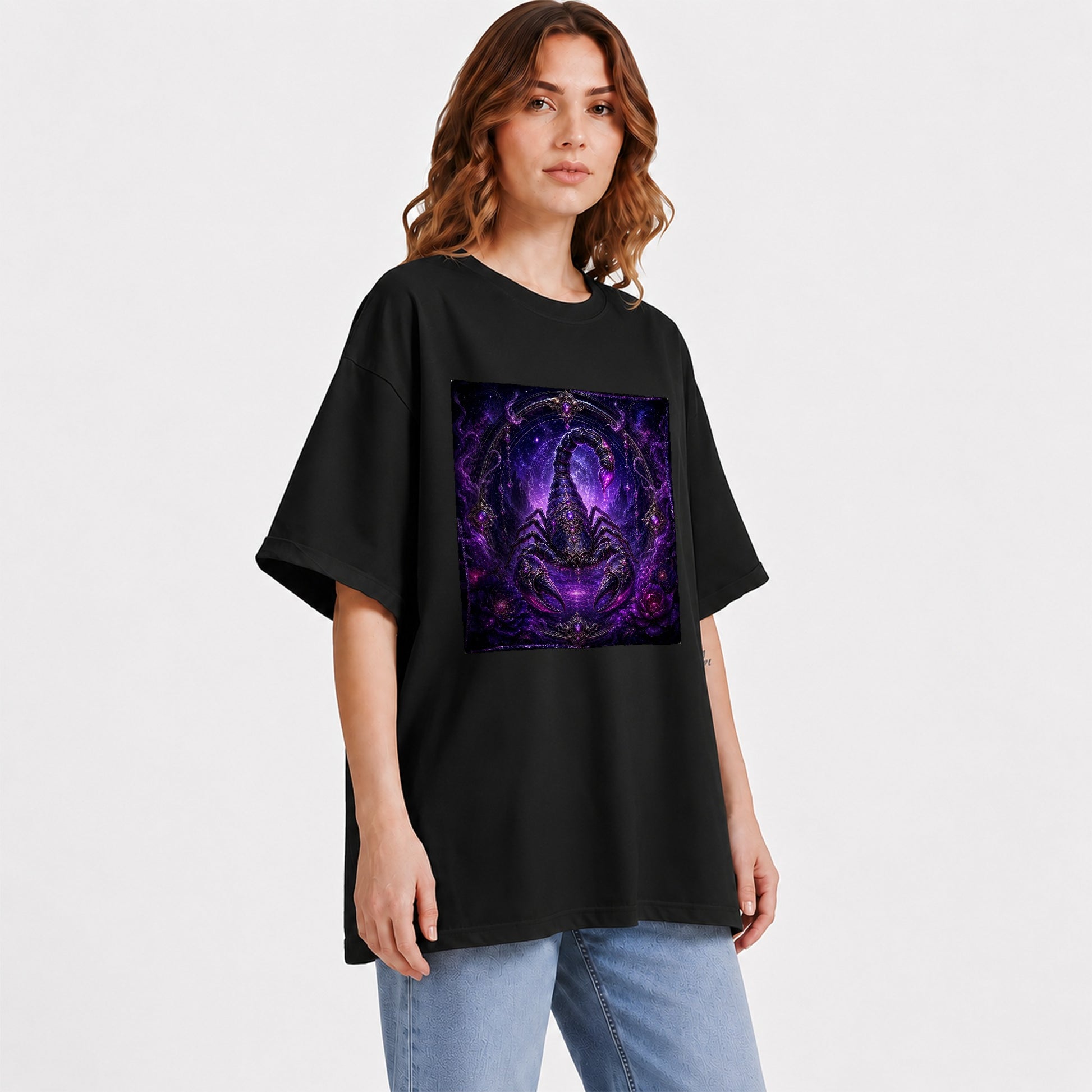 #pl[Black] Scorpio Zodiac Graphic T-Shirt, Purple Celestial Scorpion Design