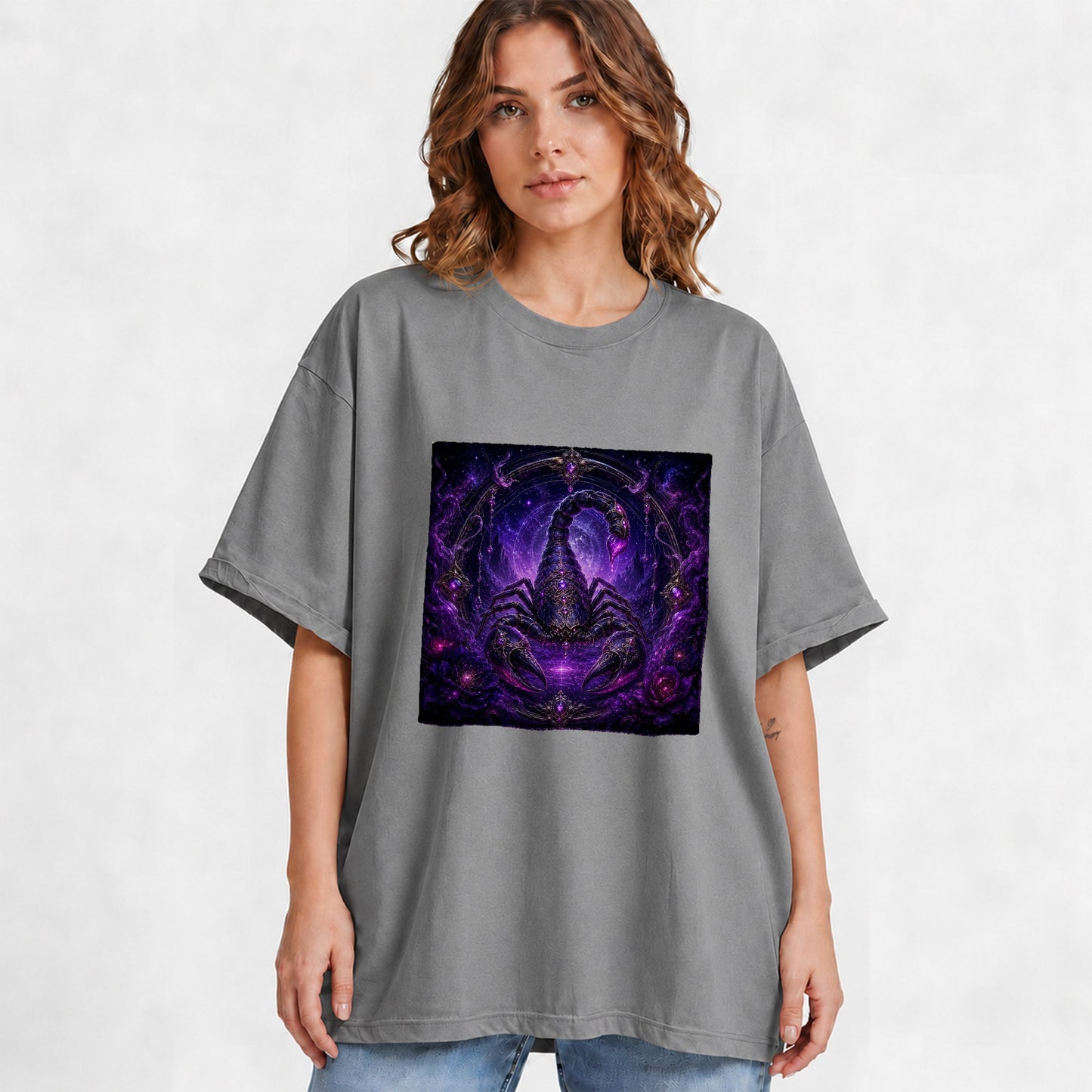 #pl[Gray] Scorpio Zodiac Graphic T-Shirt, Purple Celestial Scorpion Design