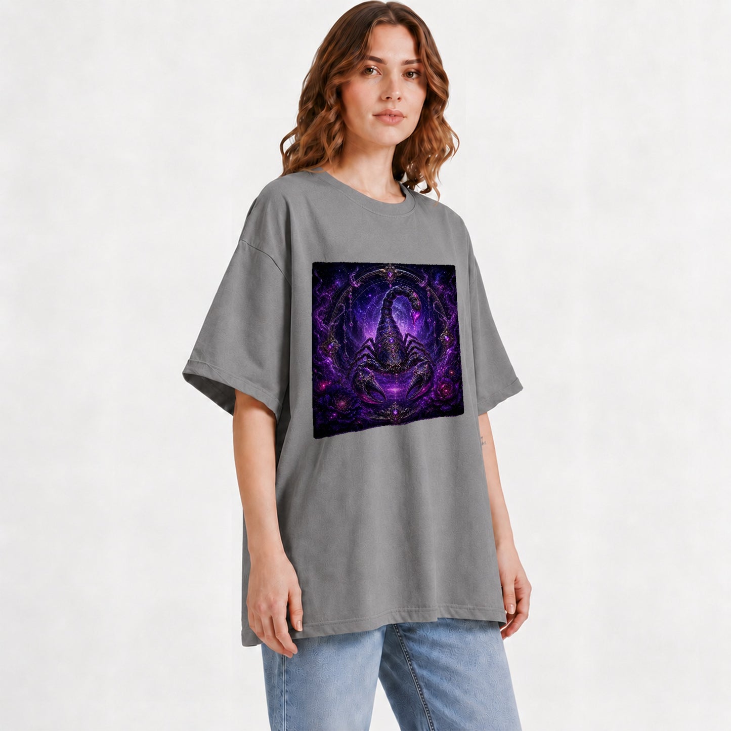 #pl[Gray] Scorpio Zodiac Graphic T-Shirt, Purple Celestial Scorpion Design