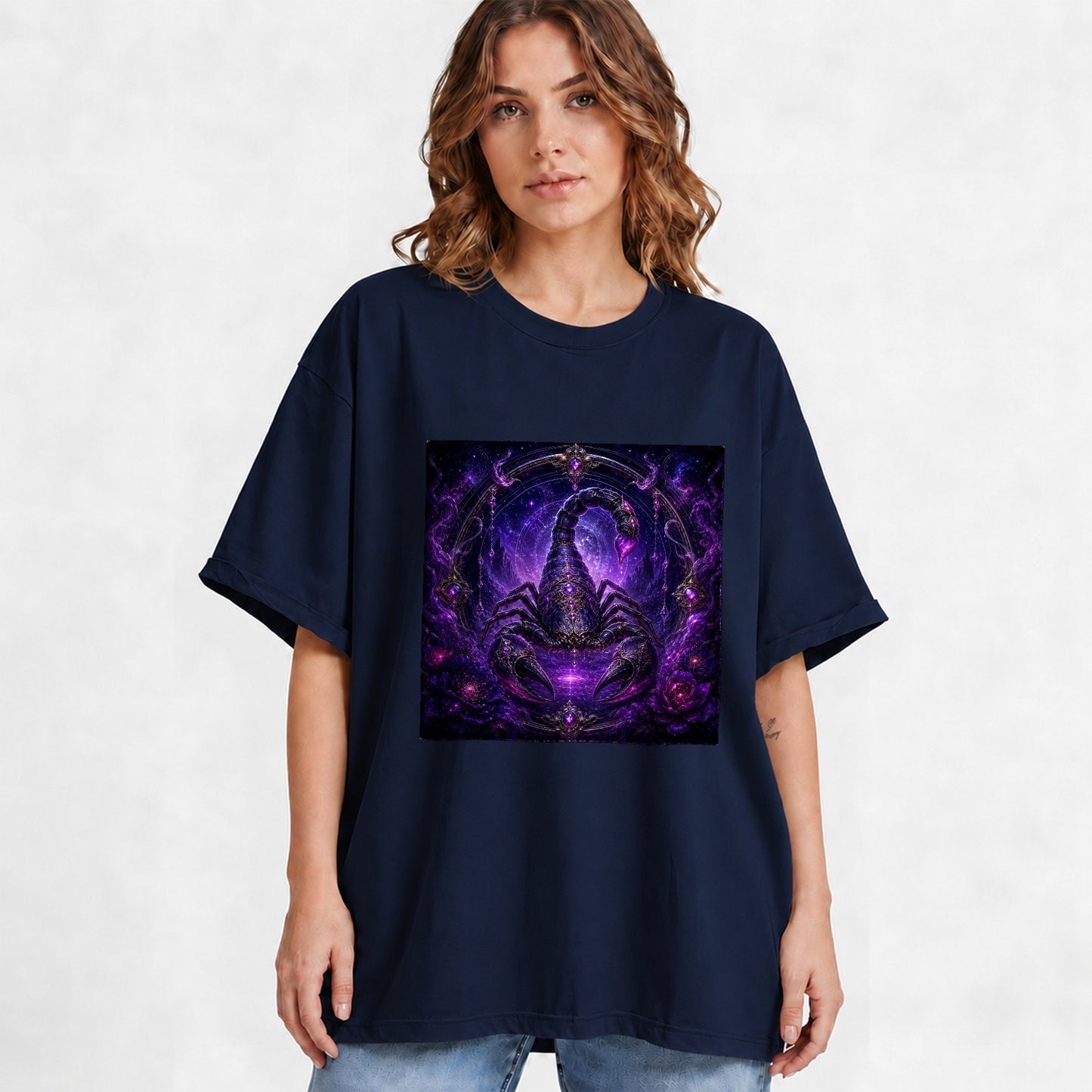 #pl[Navy] Scorpio Zodiac Graphic T-Shirt, Purple Celestial Scorpion Design