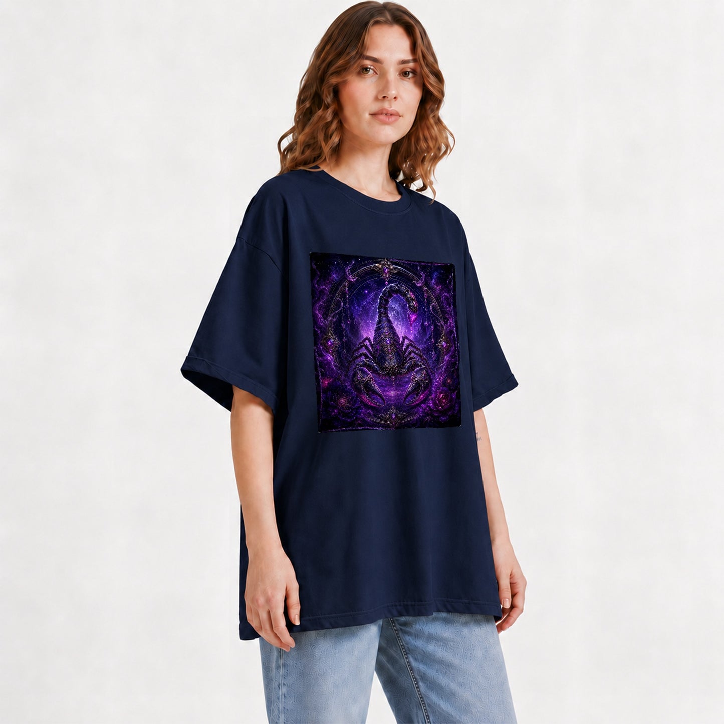 #pl[Navy] Scorpio Zodiac Graphic T-Shirt, Purple Celestial Scorpion Design