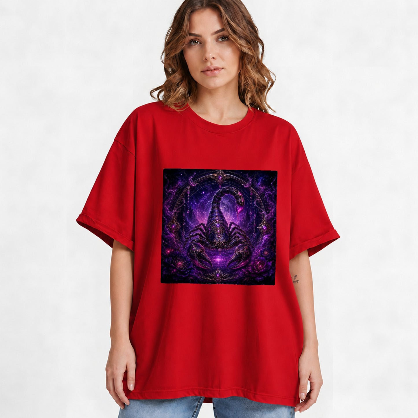 #pl[Red] Scorpio Zodiac Graphic T-Shirt, Purple Celestial Scorpion Design
