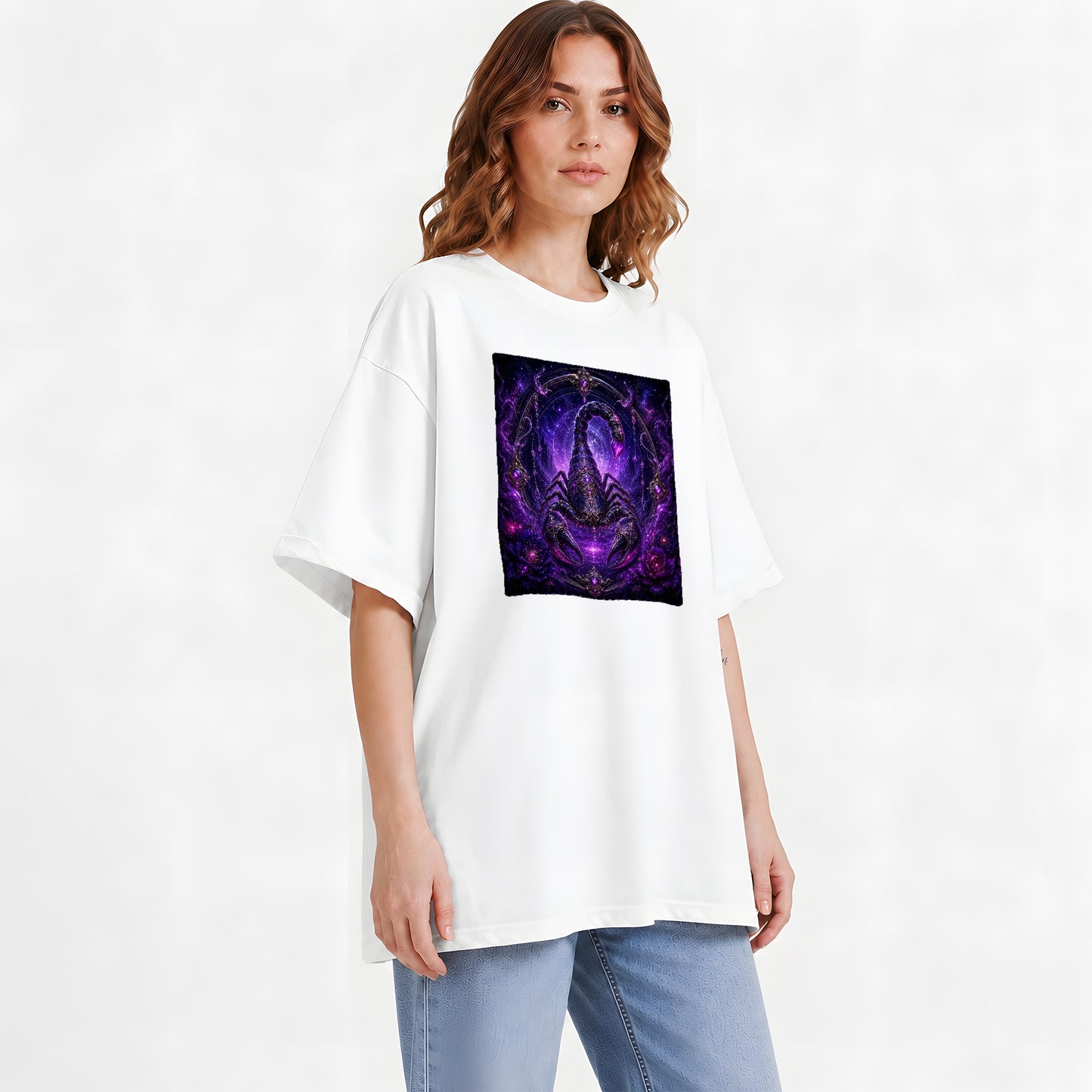 #pl[White] Scorpio Zodiac Graphic T-Shirt, Purple Celestial Scorpion Design