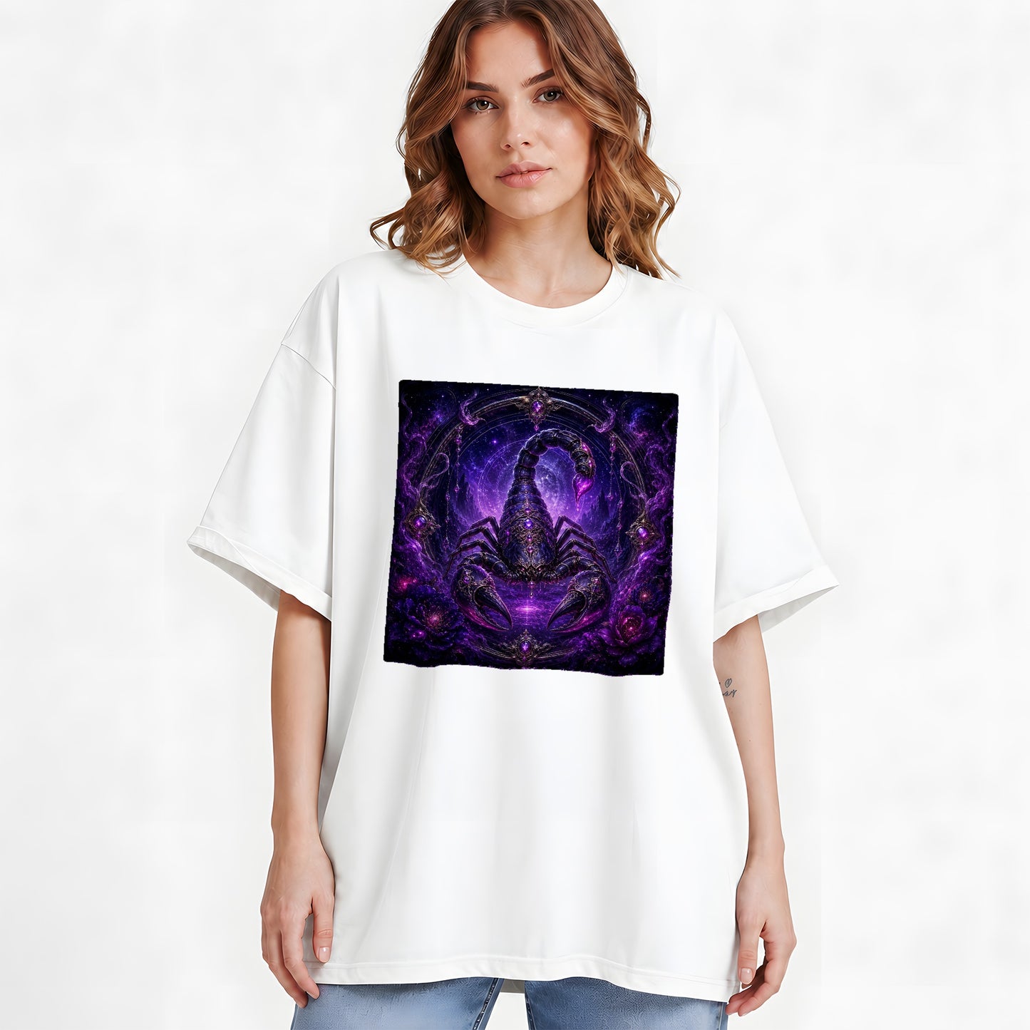 #pl[White] Scorpio Zodiac Graphic T-Shirt, Purple Celestial Scorpion Design