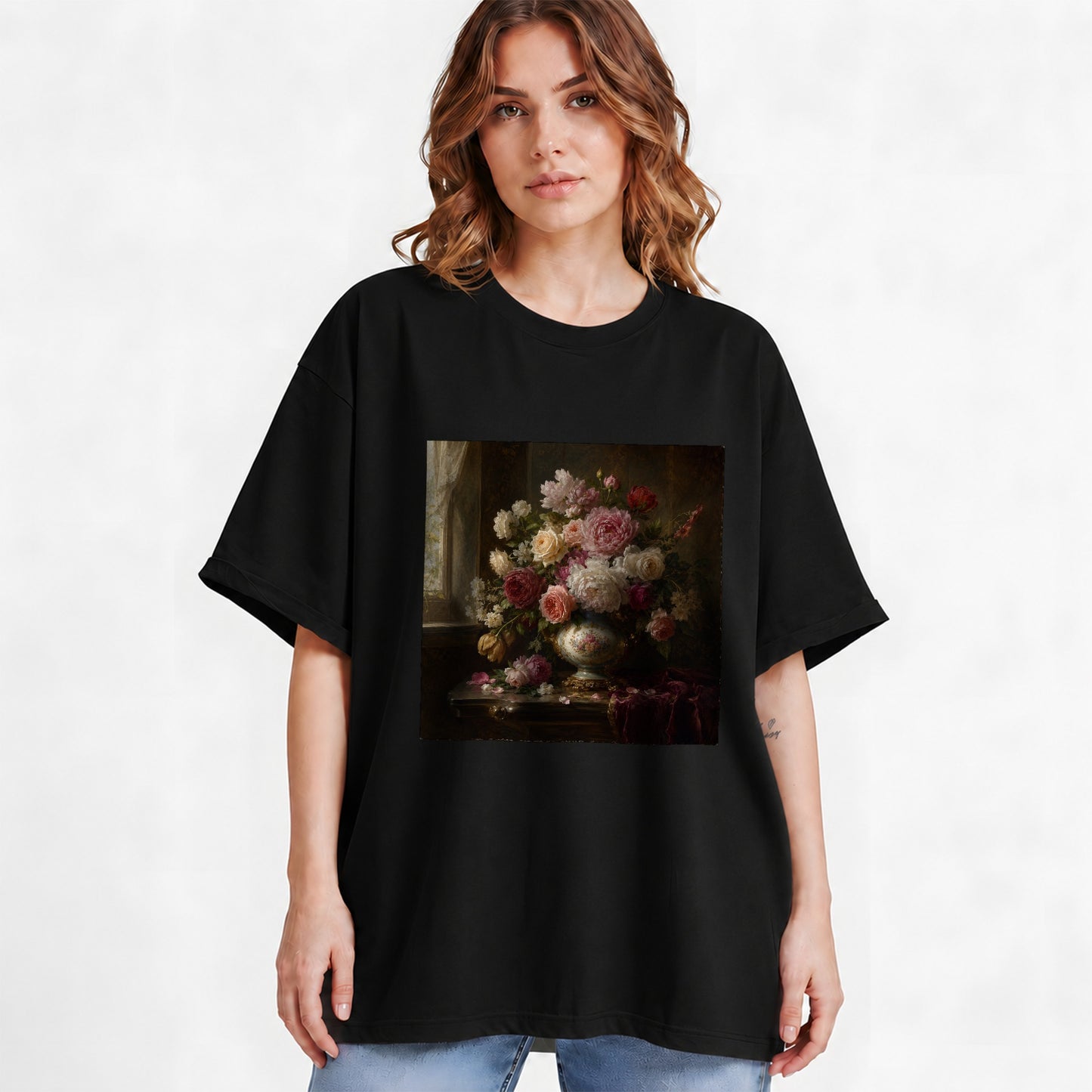 #pl[Black] Vintage Floral Graphic T-Shirt, Romantic Rose Peony Still Life