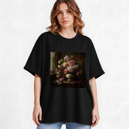 #pl[Black] Vintage Floral Graphic T-Shirt, Romantic Rose Peony Still Life