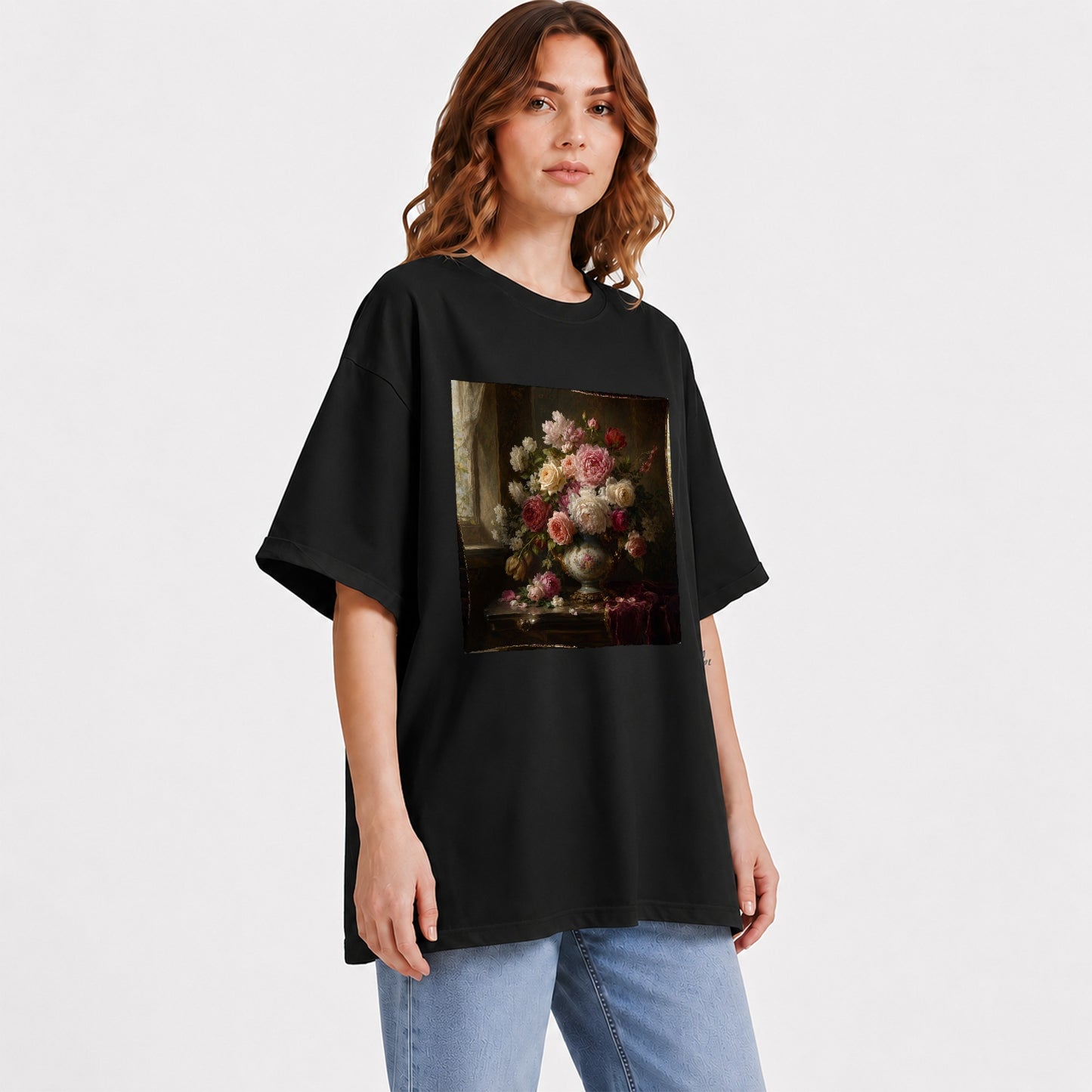 #pl[Black] Vintage Floral Graphic T-Shirt, Romantic Rose Peony Still Life