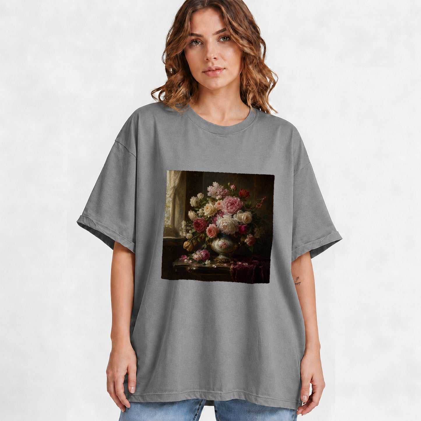 #pl[Gray] Vintage Floral Graphic T-Shirt, Romantic Rose Peony Still Life