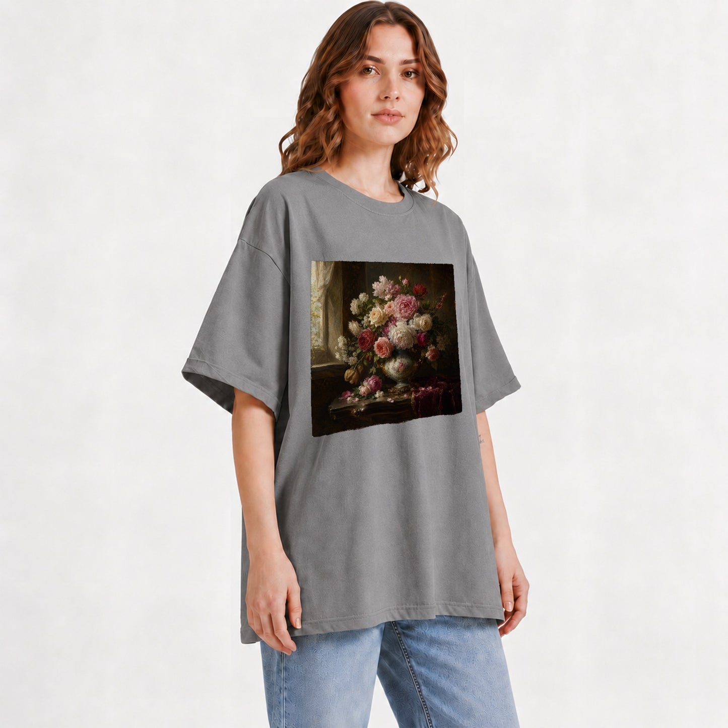 #pl[Gray] Vintage Floral Graphic T-Shirt, Romantic Rose Peony Still Life
