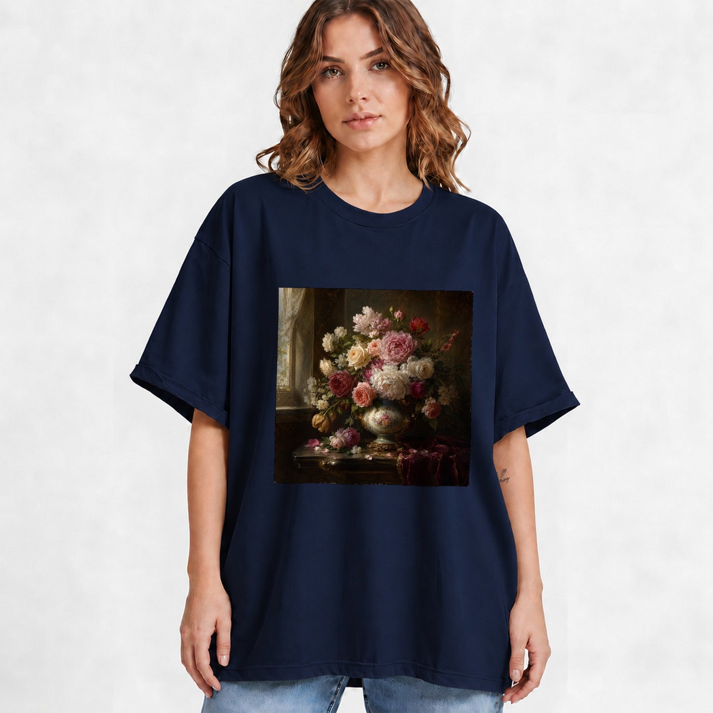 #pl[Navy] Vintage Floral Graphic T-Shirt, Romantic Rose Peony Still Life