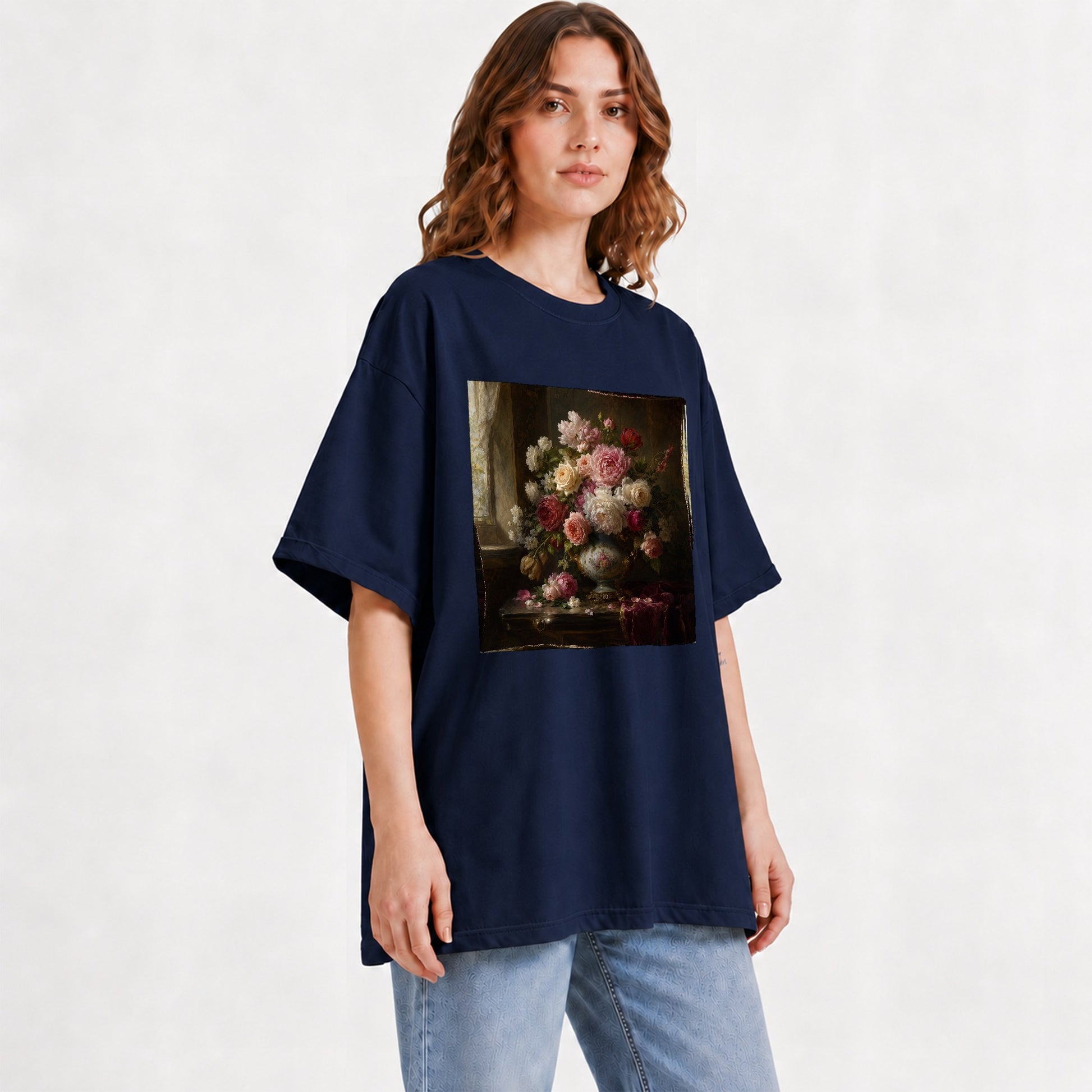 #pl[Navy] Vintage Floral Graphic T-Shirt, Romantic Rose Peony Still Life