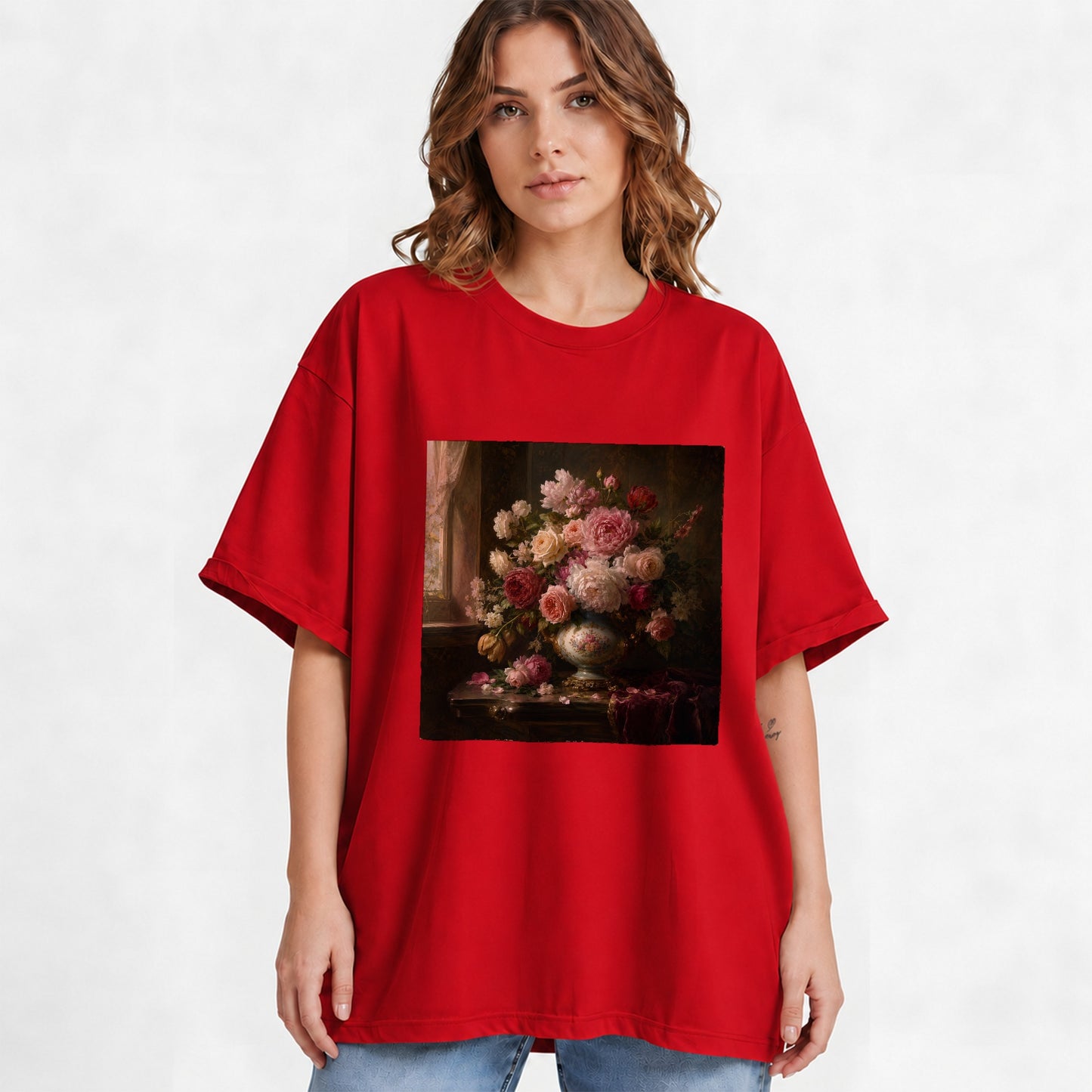 #pl[Red] Vintage Floral Graphic T-Shirt, Romantic Rose Peony Still Life