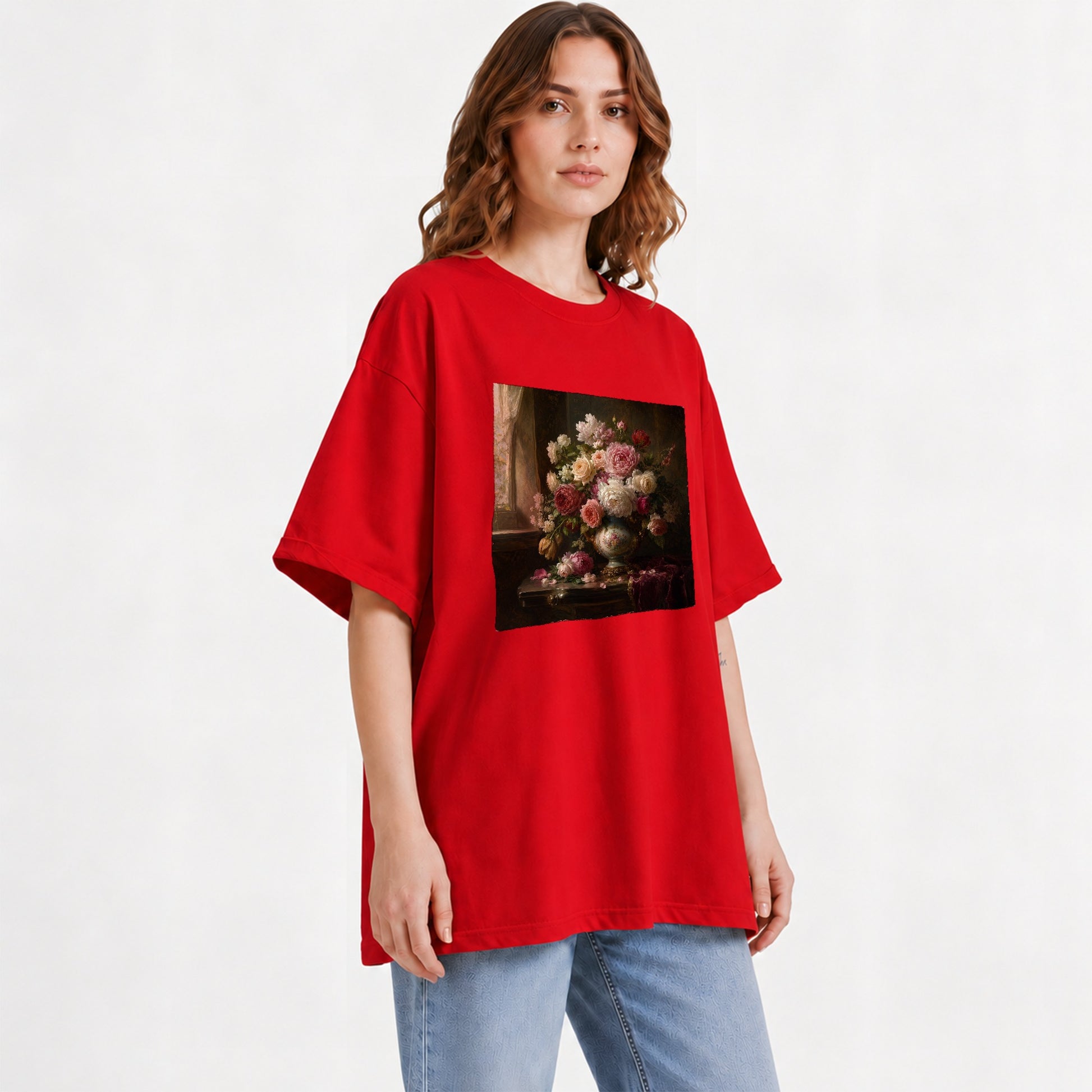 #pl[Red] Vintage Floral Graphic T-Shirt, Romantic Rose Peony Still Life