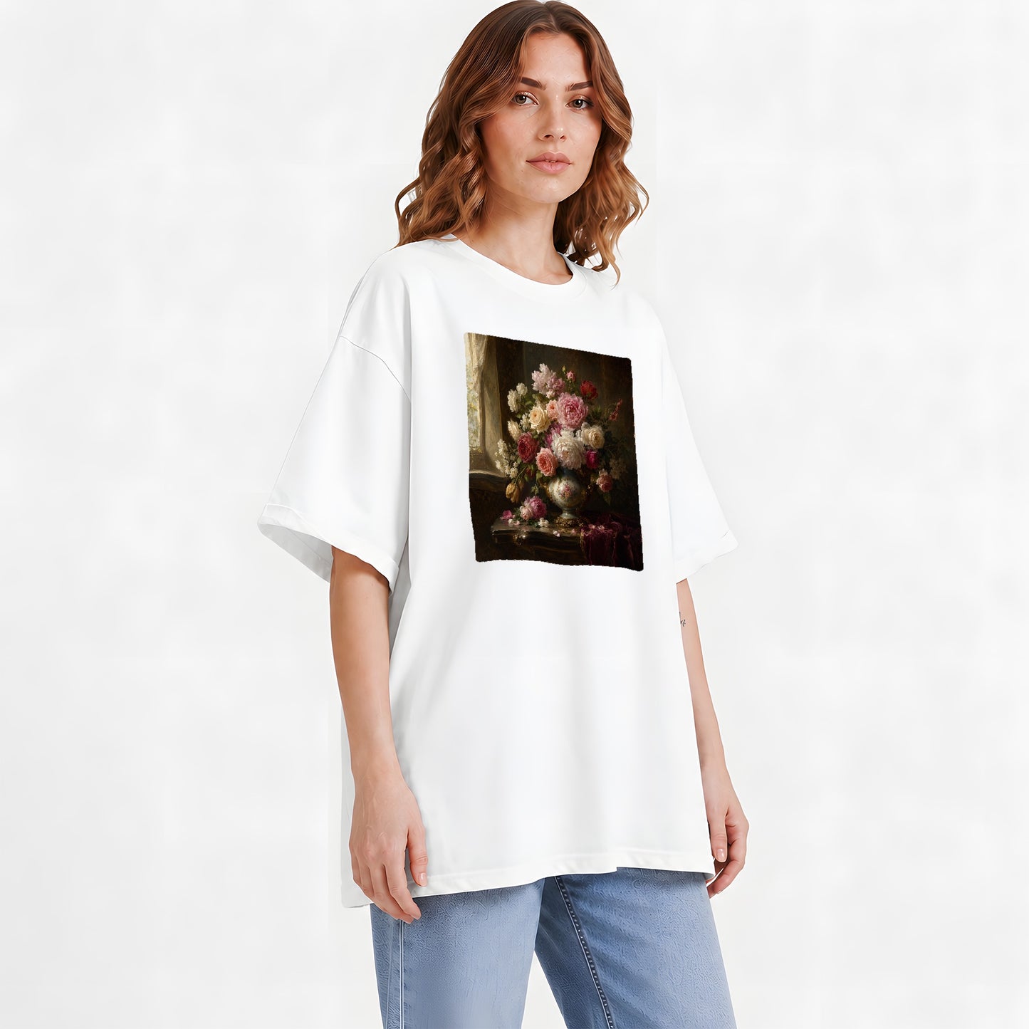 #pl[White] Vintage Floral Graphic T-Shirt, Romantic Rose Peony Still Life