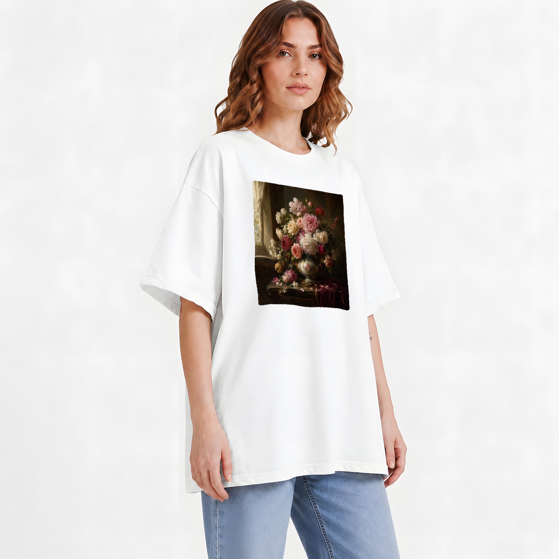 #pl[White] Vintage Floral Graphic T-Shirt, Romantic Rose Peony Still Life