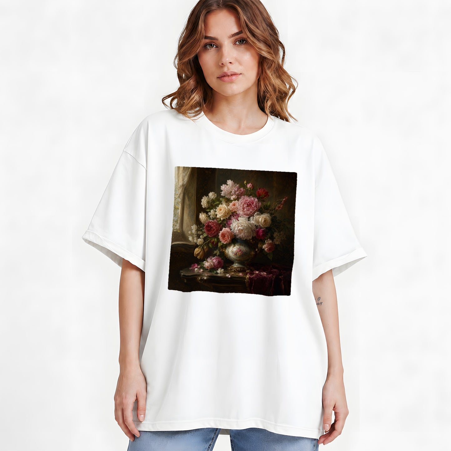 #pl[White] Vintage Floral Graphic T-Shirt, Romantic Rose Peony Still Life