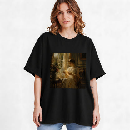 #pl[Black] Romantic Reader Graphic T-Shirt, Sunlit Vintage Letter Scene