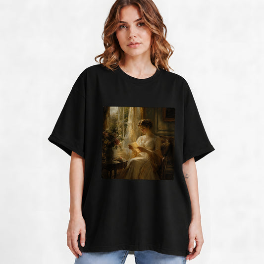 #pl[Black] Romantic Reader Graphic T-Shirt, Sunlit Vintage Letter Scene