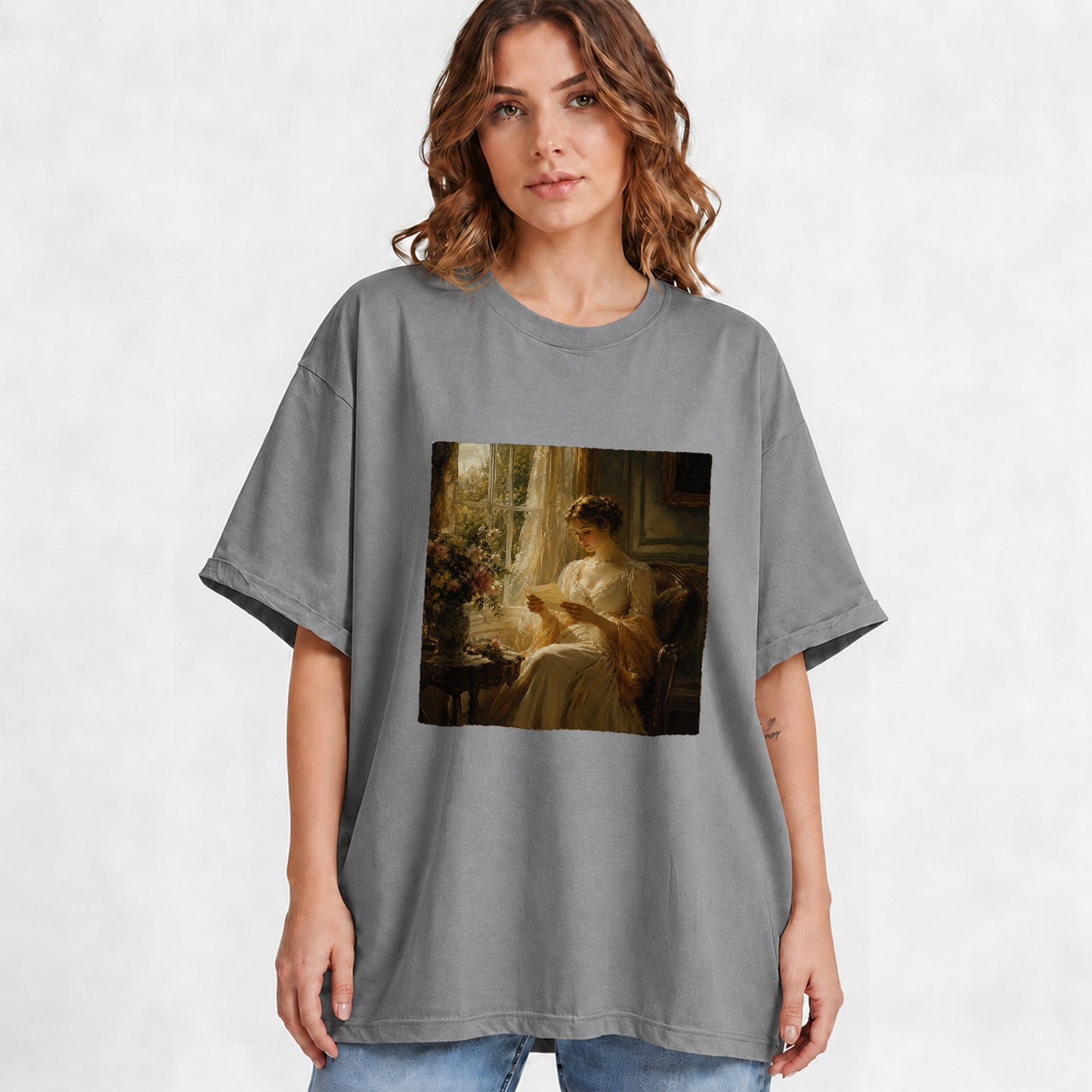 #pl[Gray] Romantic Reader Graphic T-Shirt, Sunlit Vintage Letter Scene