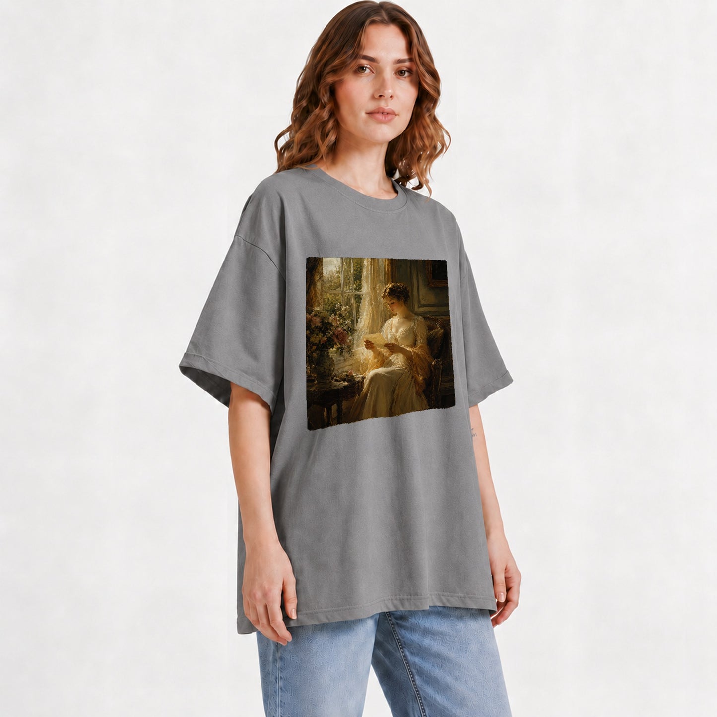 #pl[Gray] Romantic Reader Graphic T-Shirt, Sunlit Vintage Letter Scene