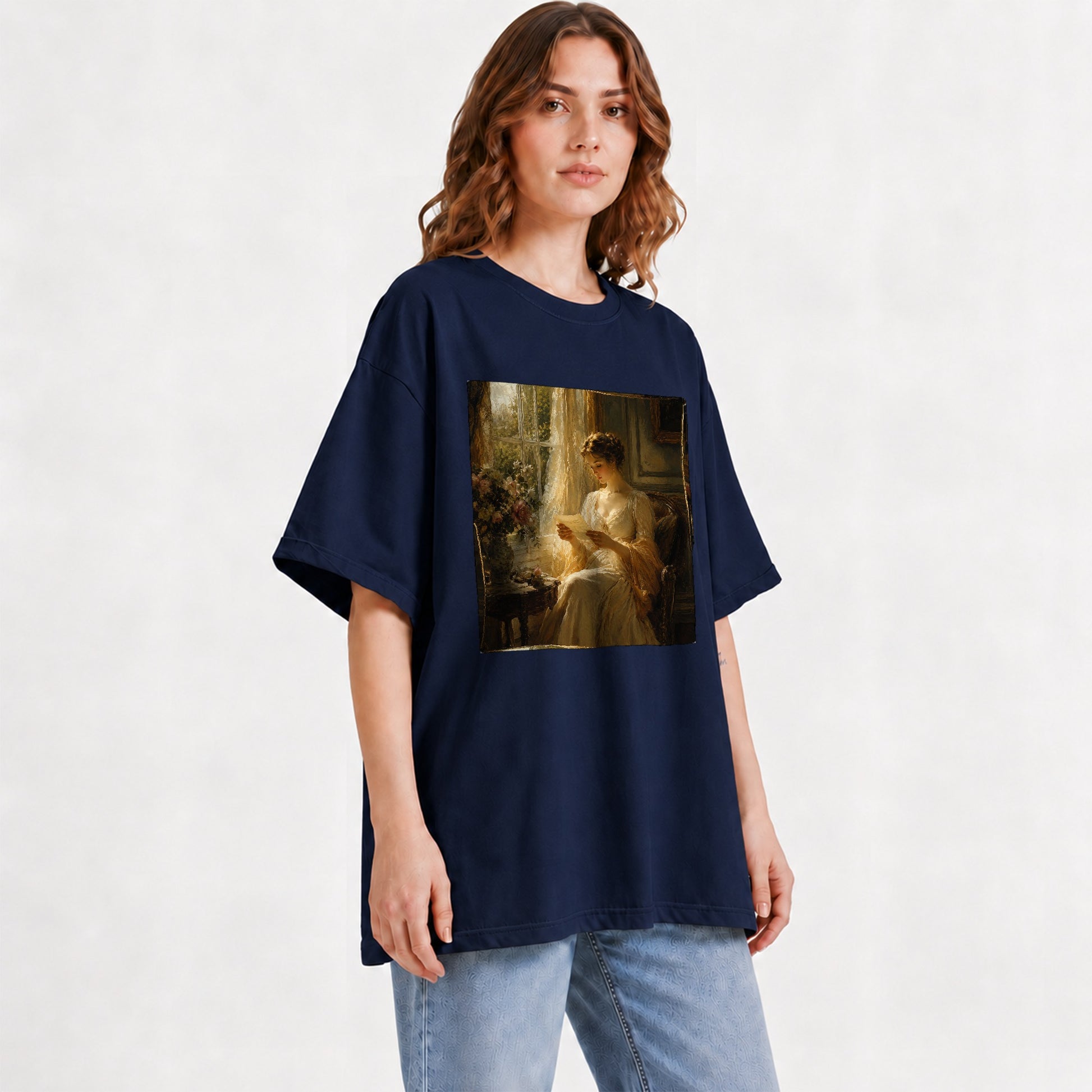 #pl[Navy] Romantic Reader Graphic T-Shirt, Sunlit Vintage Letter Scene