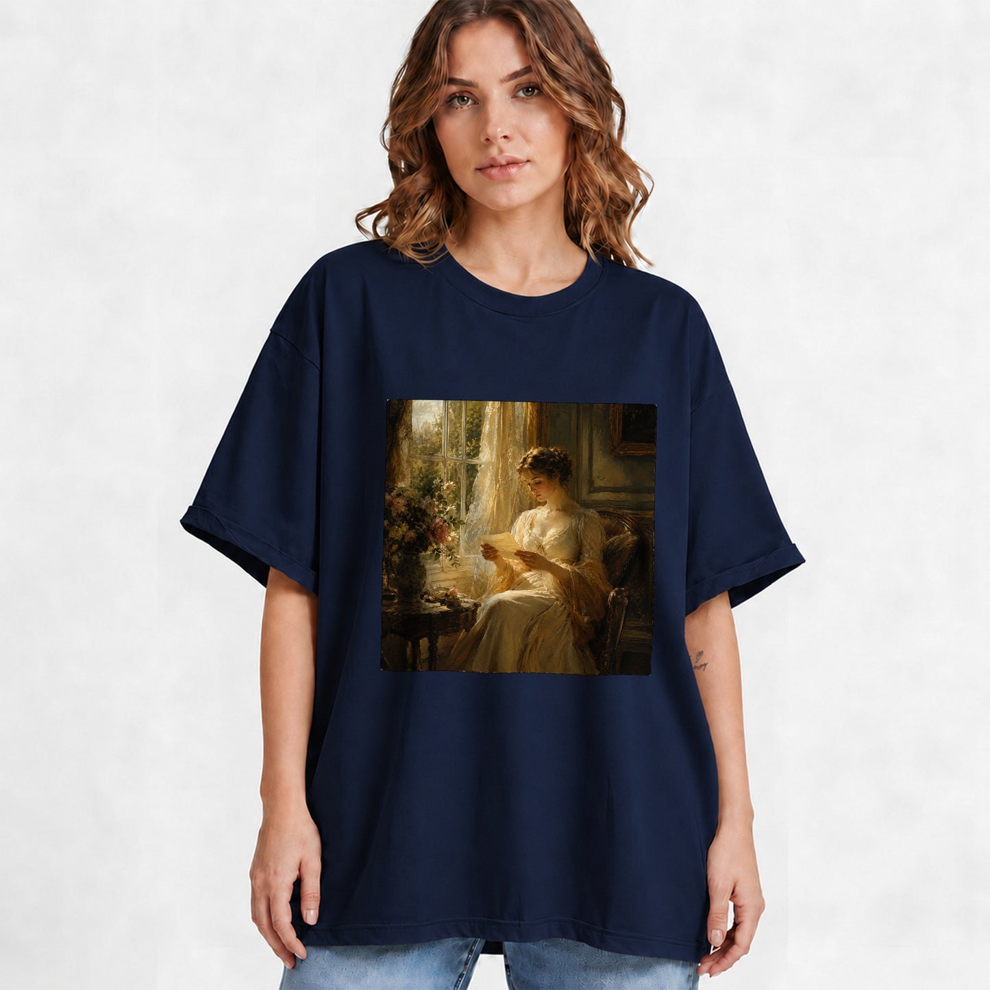 #pl[Navy] Romantic Reader Graphic T-Shirt, Sunlit Vintage Letter Scene