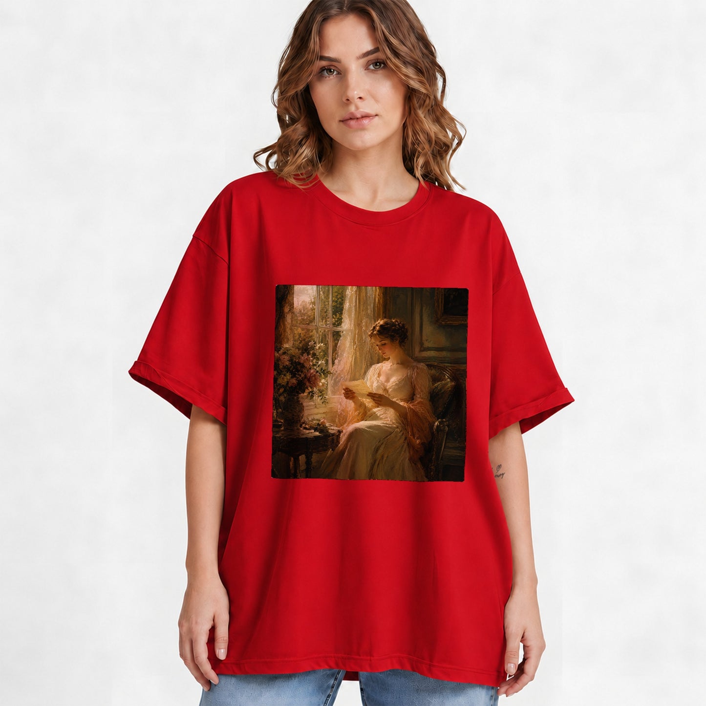 #pl[Red] Romantic Reader Graphic T-Shirt, Sunlit Vintage Letter Scene