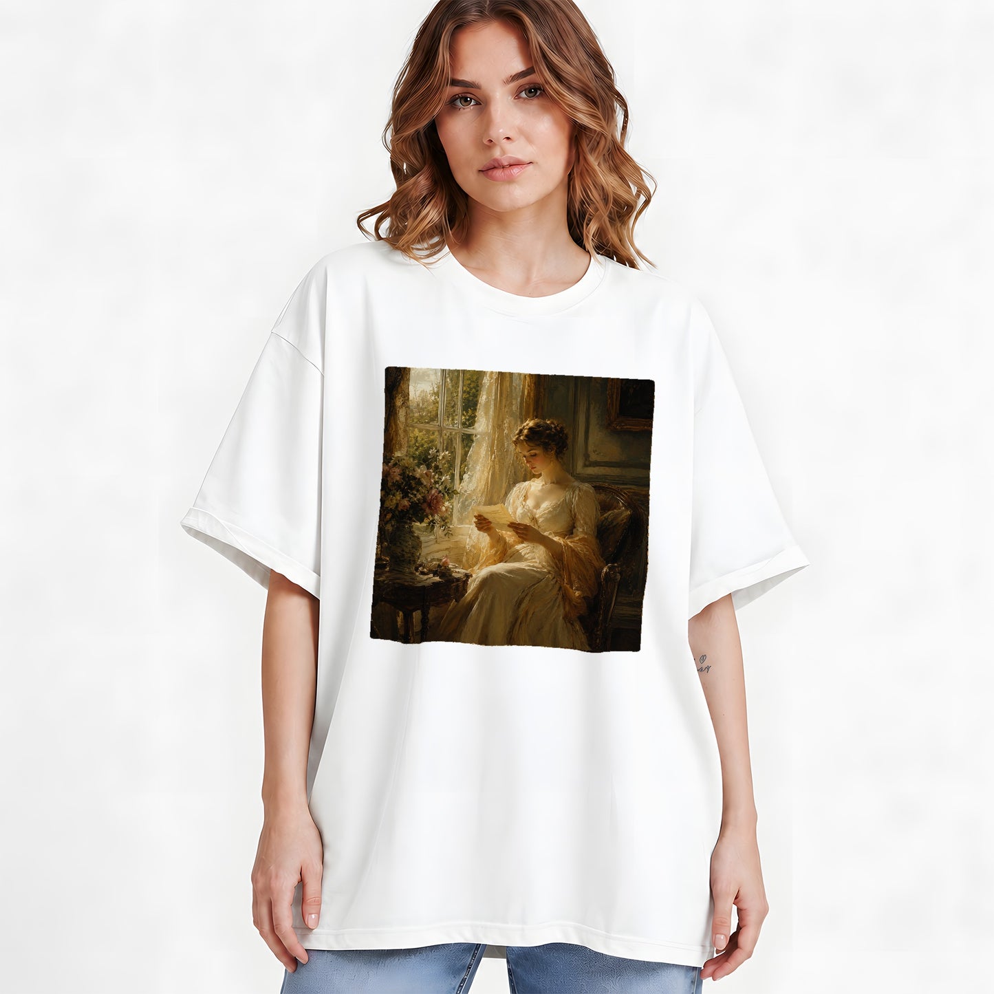 #pl[White] Romantic Reader Graphic T-Shirt, Sunlit Vintage Letter Scene