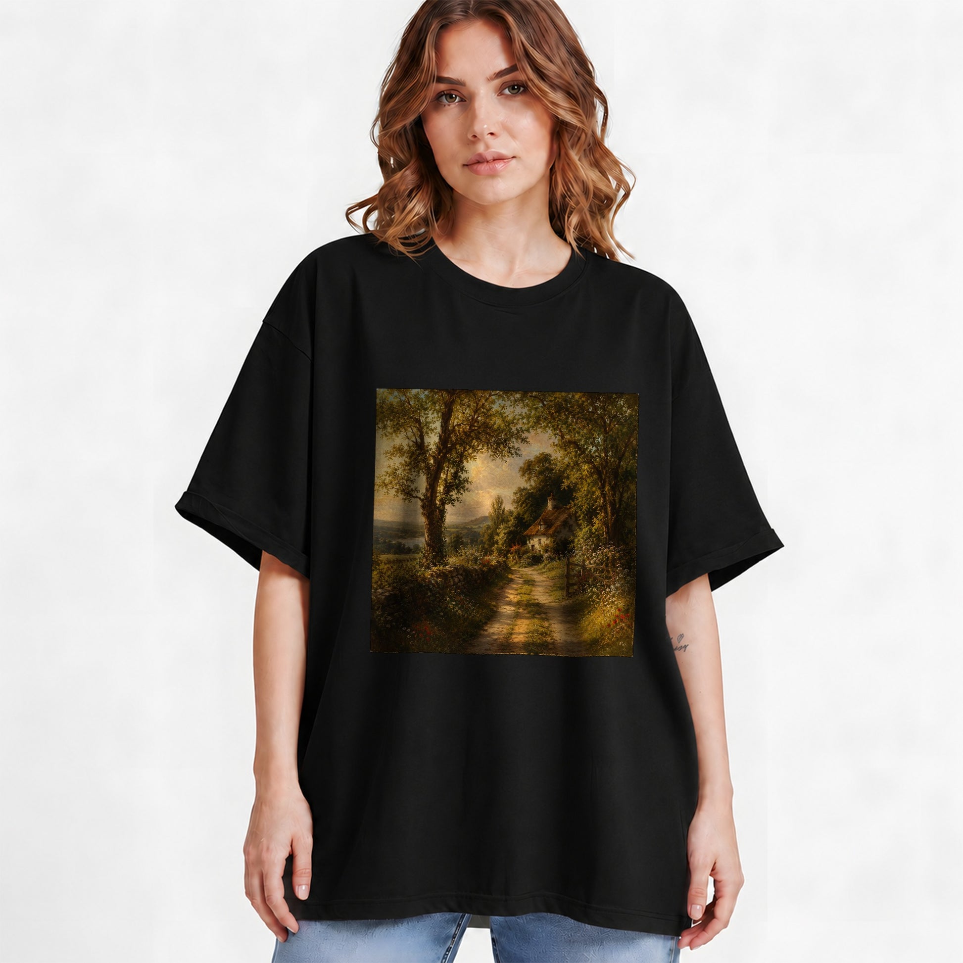 #pl[Black] Cottage Countryside Graphic T-Shirt, Golden Garden Path Landscape