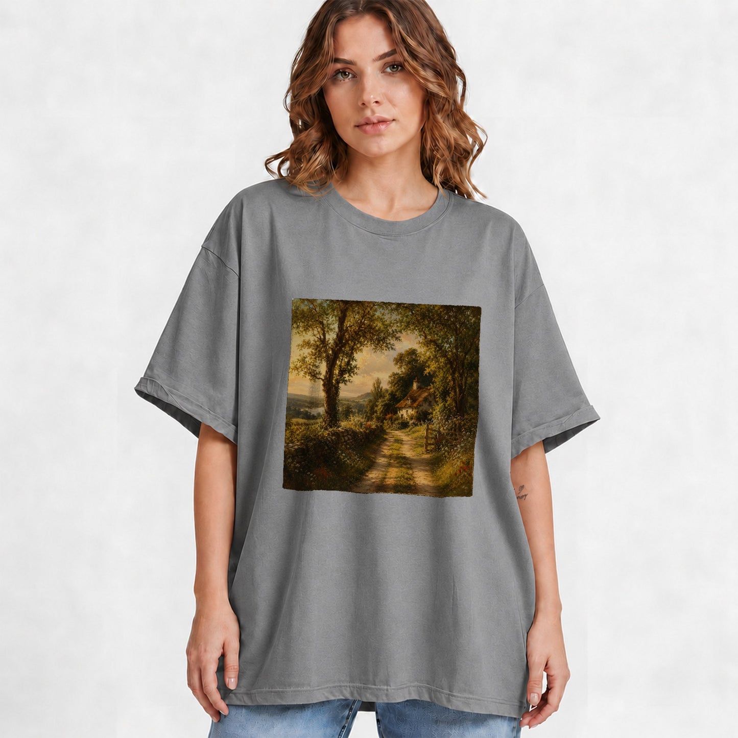 #pl[Gray] Cottage Countryside Graphic T-Shirt, Golden Garden Path Landscape