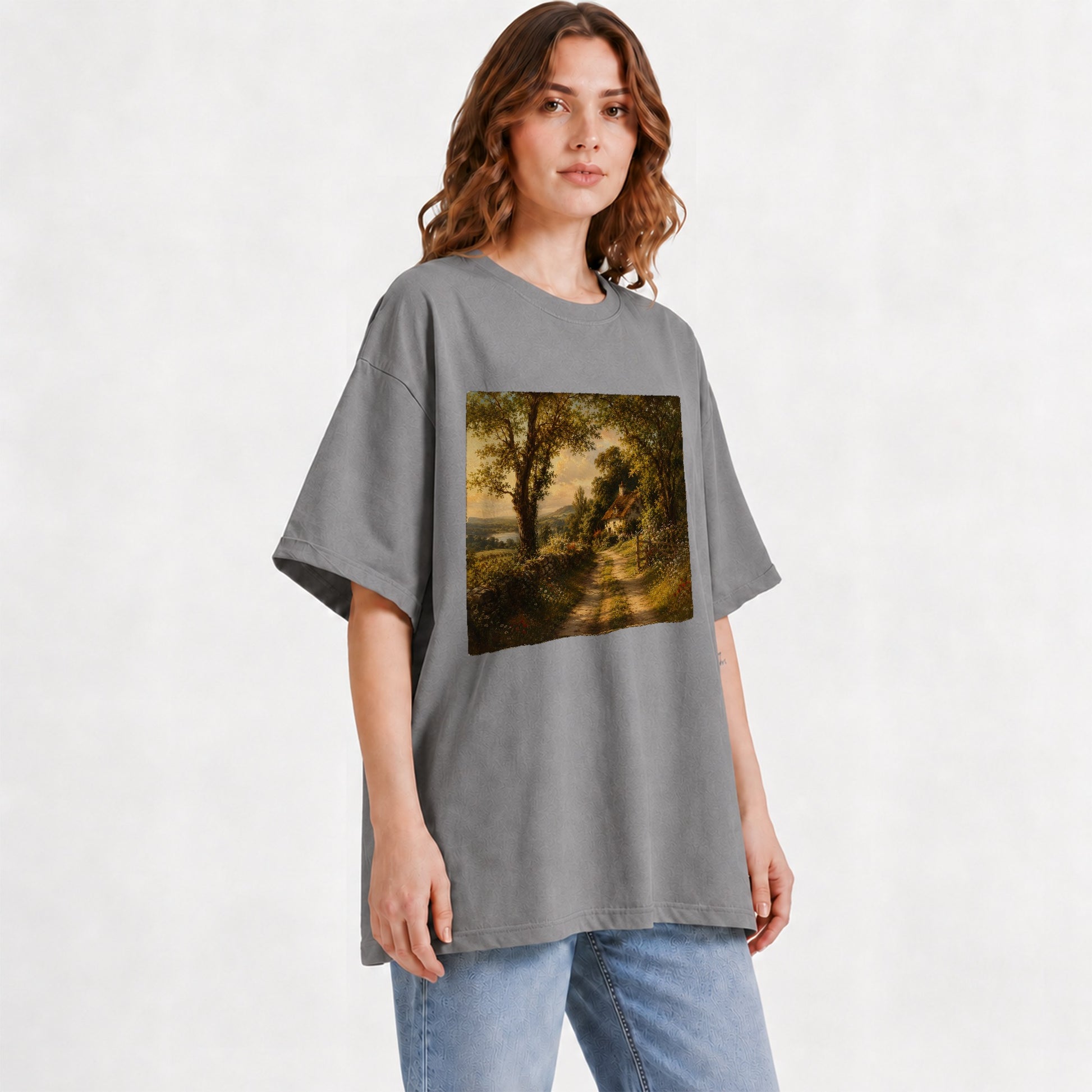 #pl[Gray] Cottage Countryside Graphic T-Shirt, Golden Garden Path Landscape