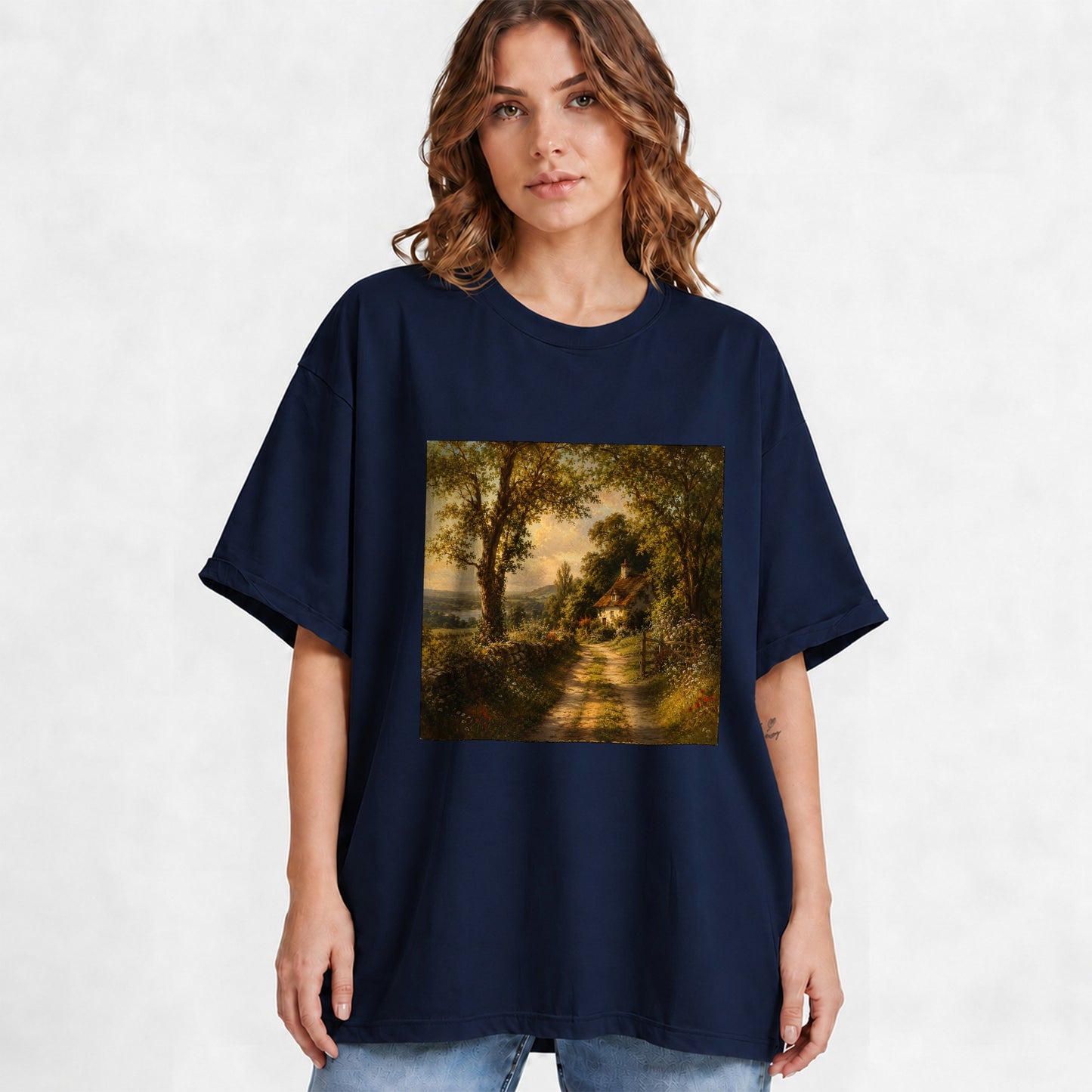 #pl[Navy] Cottage Countryside Graphic T-Shirt, Golden Garden Path Landscape