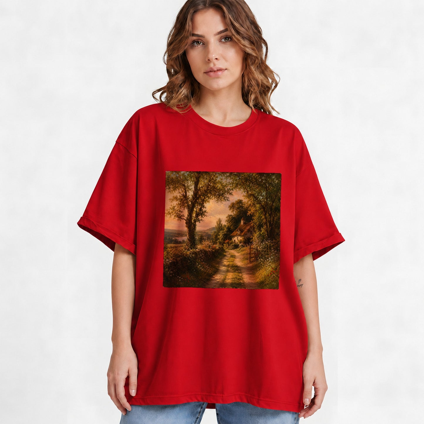 #pl[Red] Cottage Countryside Graphic T-Shirt, Golden Garden Path Landscape
