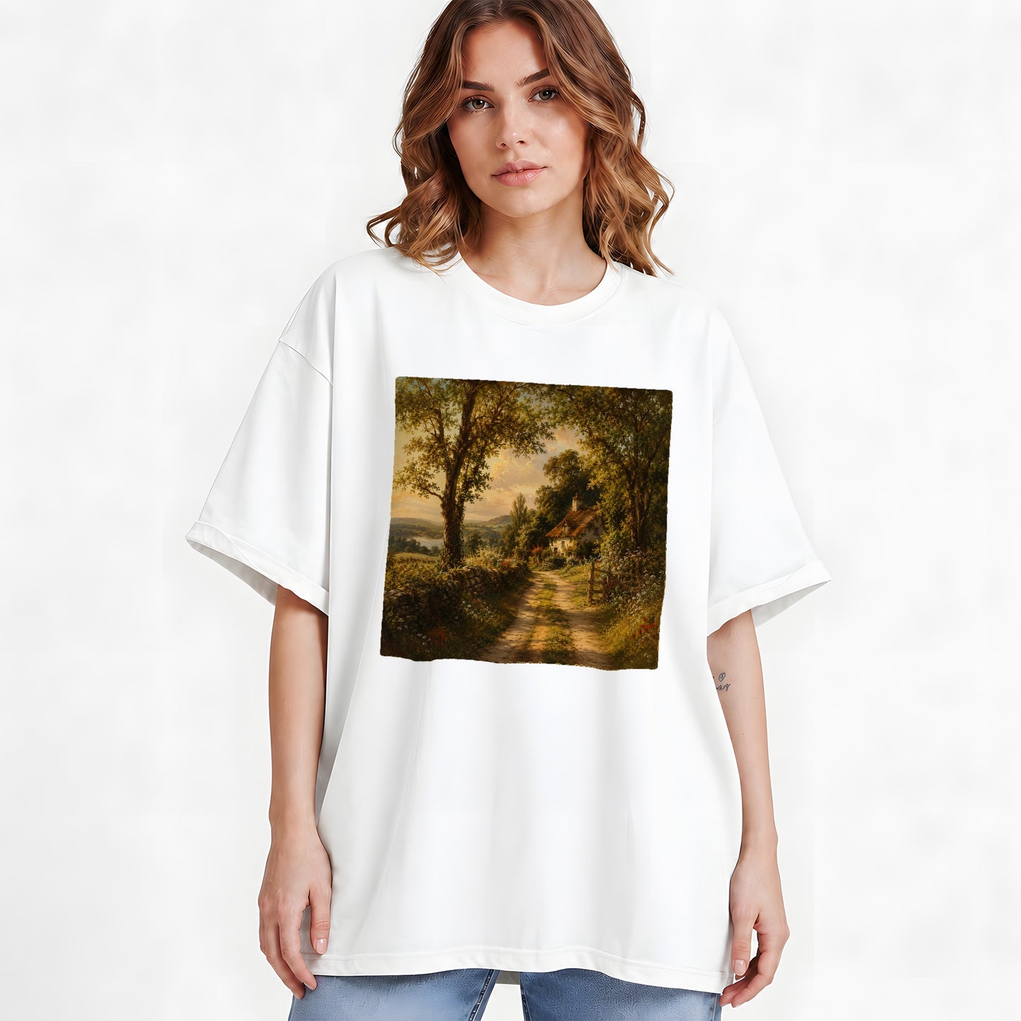 #pl[White] Cottage Countryside Graphic T-Shirt, Golden Garden Path Landscape