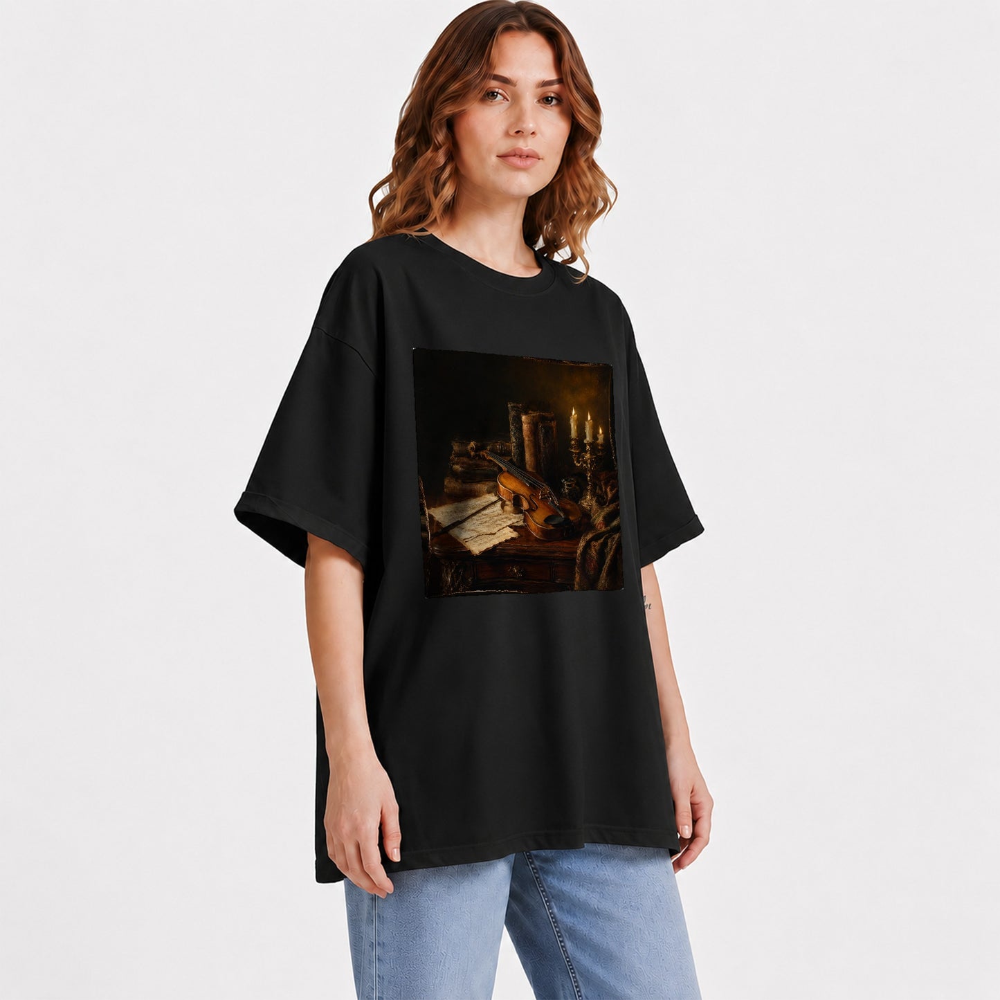 #pl[Black] Violin Still Life Graphic T-Shirt, Candlelit Books and Sheet Music